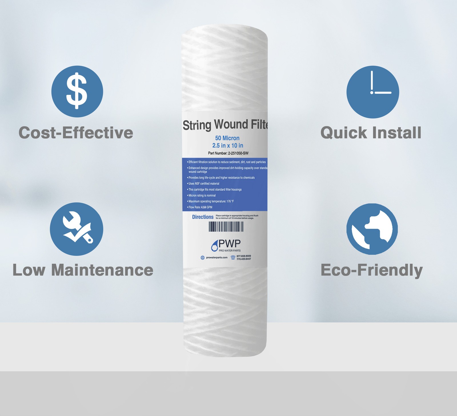 String Wound Sediment Water Filter Cartridge Standard 2.5×10″ 50 Micron 4 Pack