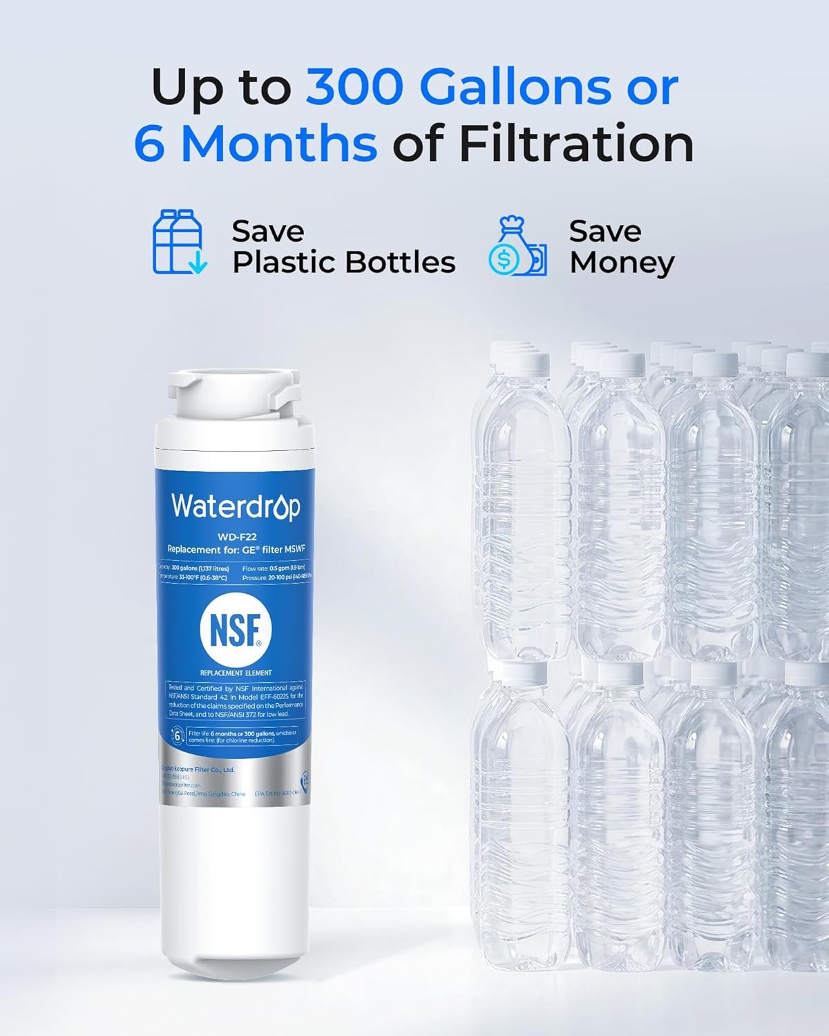 Waterdrop MSWF Refrigerator Water Filter,Replacement for GE® MSWF,3 Packs