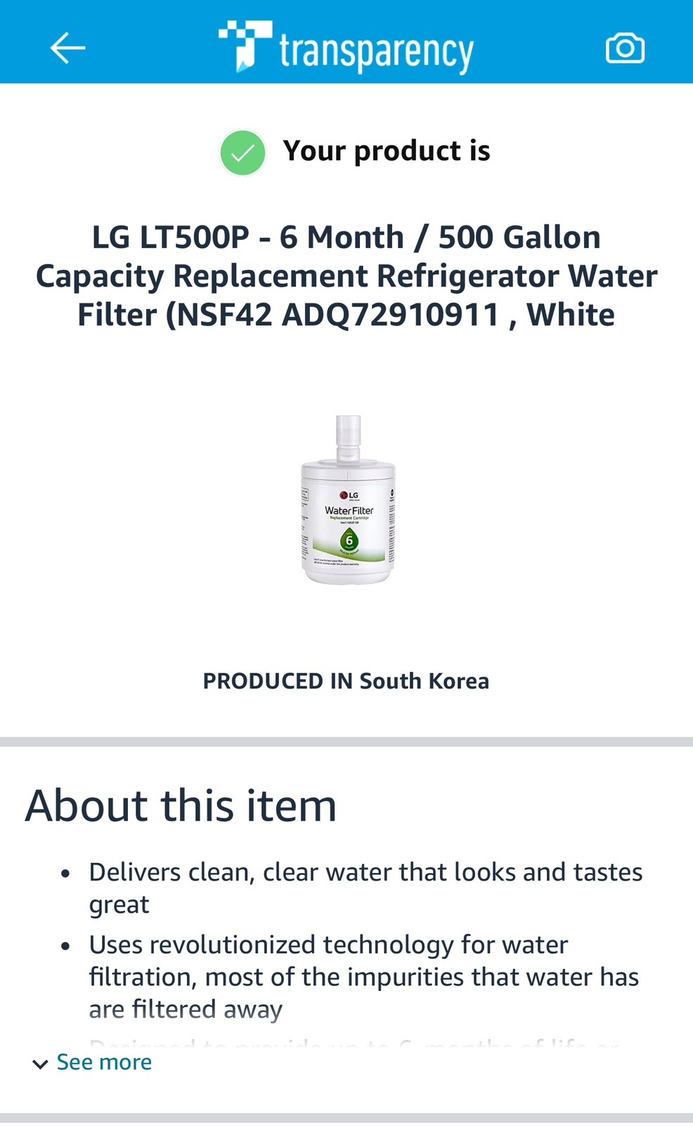 LG Water Filter Cartridge LT500P 6 Month 500 Gallon Capacity GENUINE