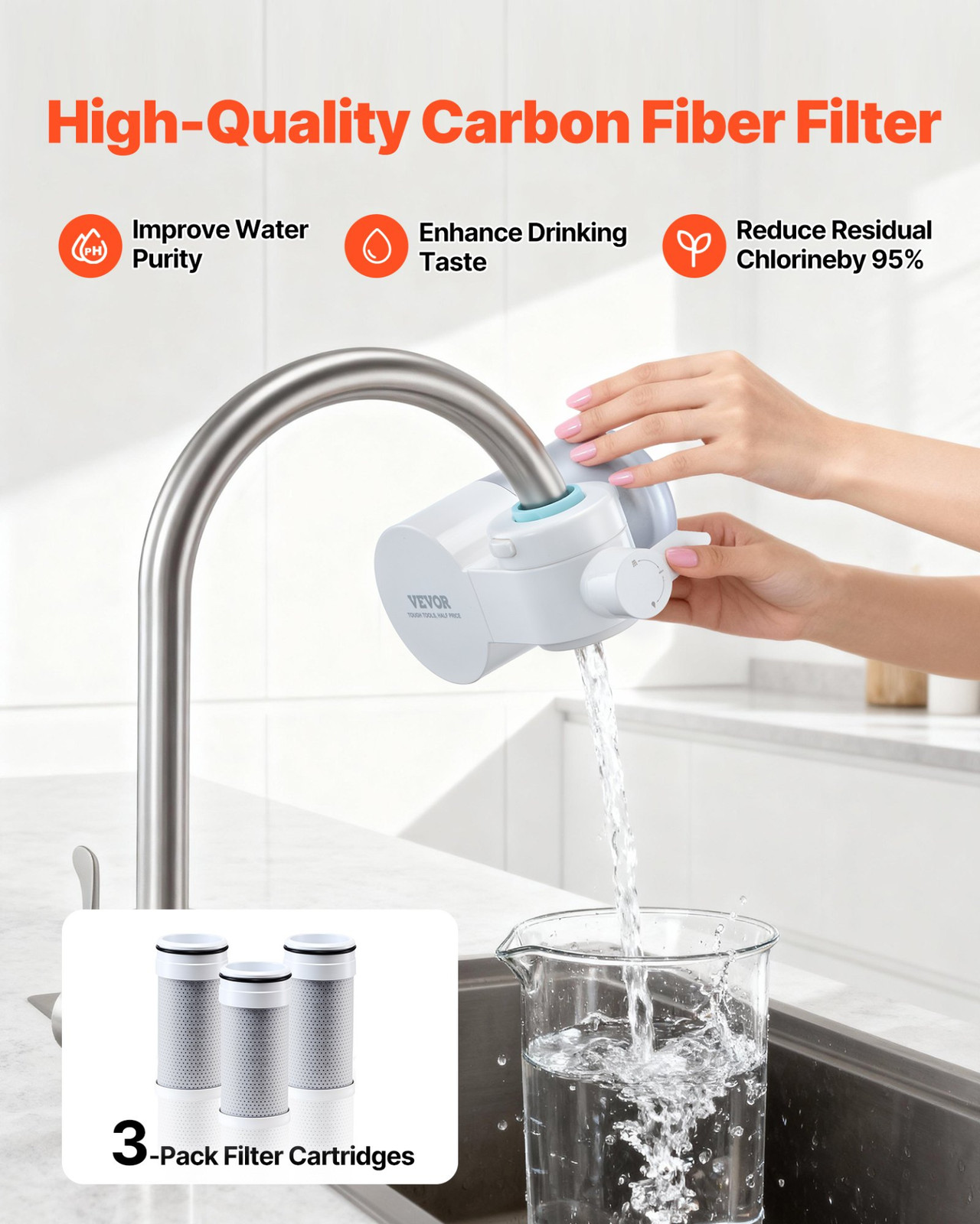 Faucet Filter Replacement (3-Pack) – 5-Layer Water Cartridges, 317 Gal, VEVOR