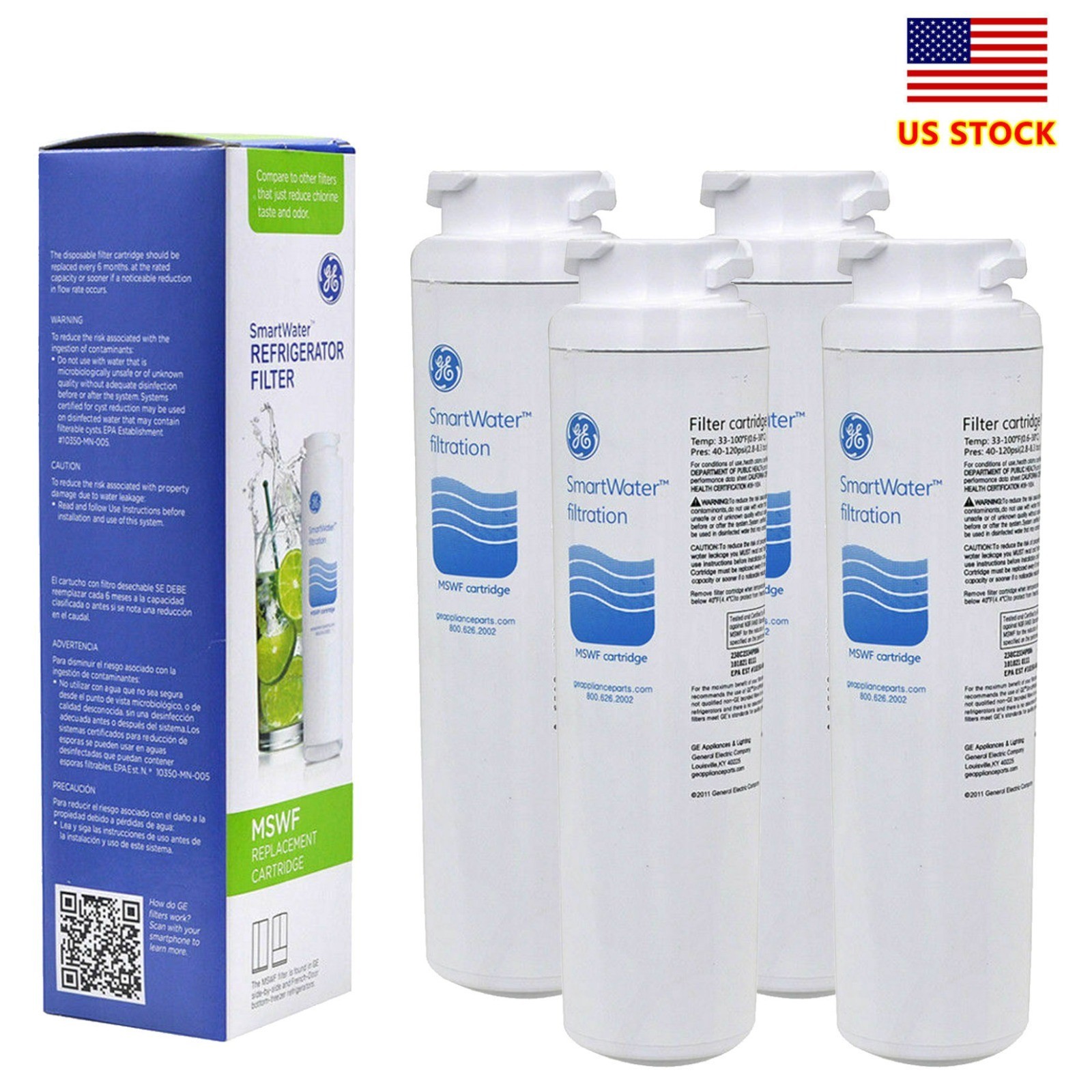 GE MSWF refrigerator water filter replacement SmartWater filter new – 4PACK