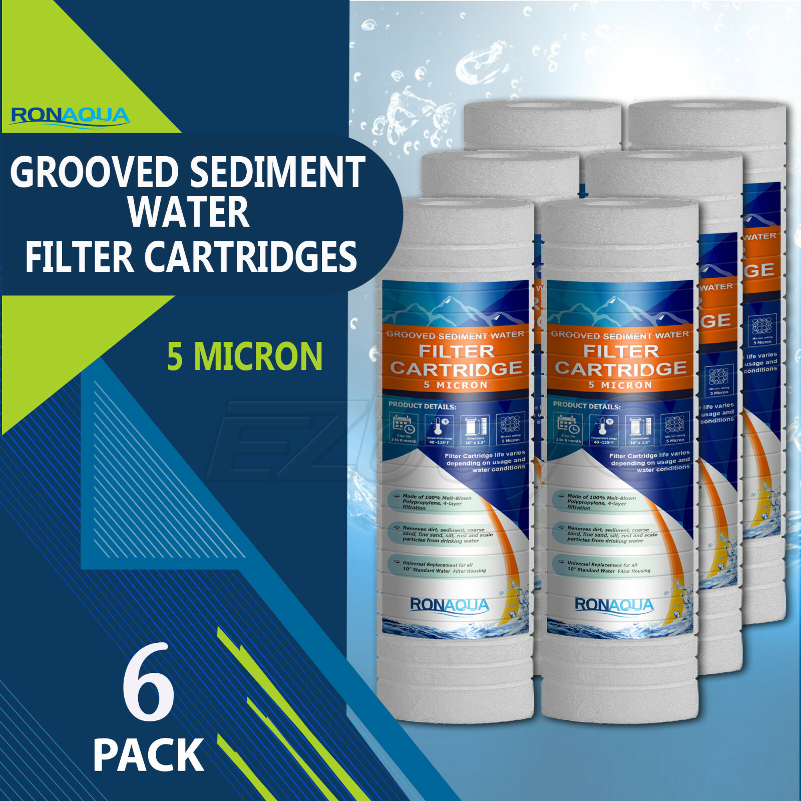 6 Pack Grooved Sediment 5 Micron Water Filters Cartridge 2.5″ x 10″
