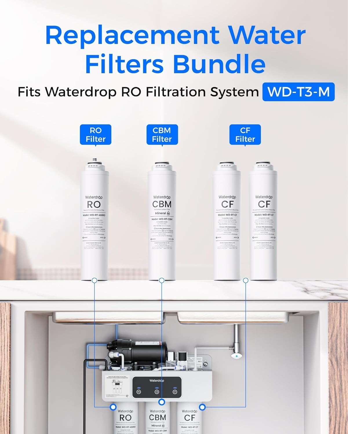 Waterdrop WD-T3-RCMO Replacement Filter, Pack of 1 RO, Pack of 2 CF and 1 CBM