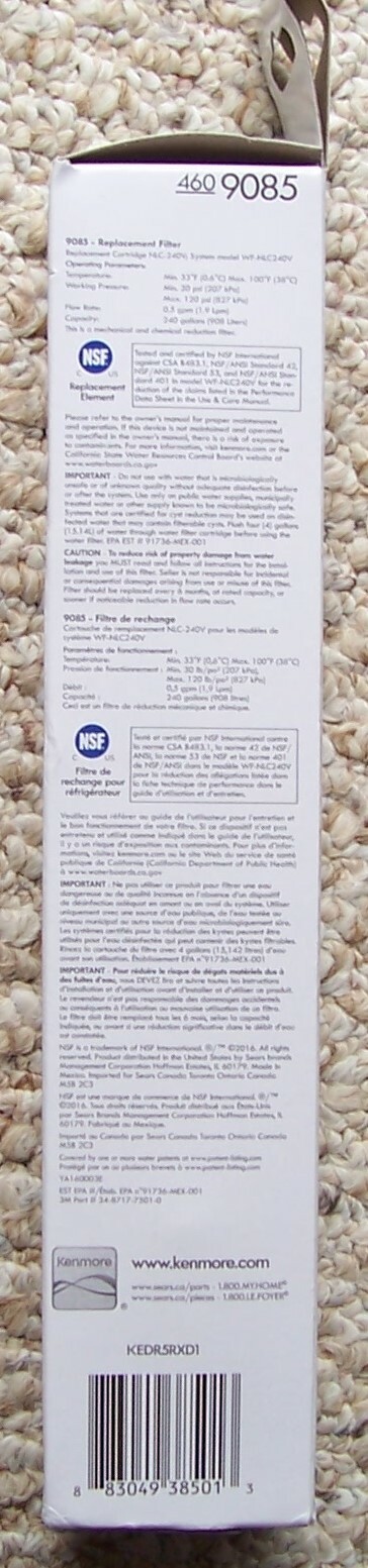 1 Kenmore 9085 Replacement Refrigerator Water Filter