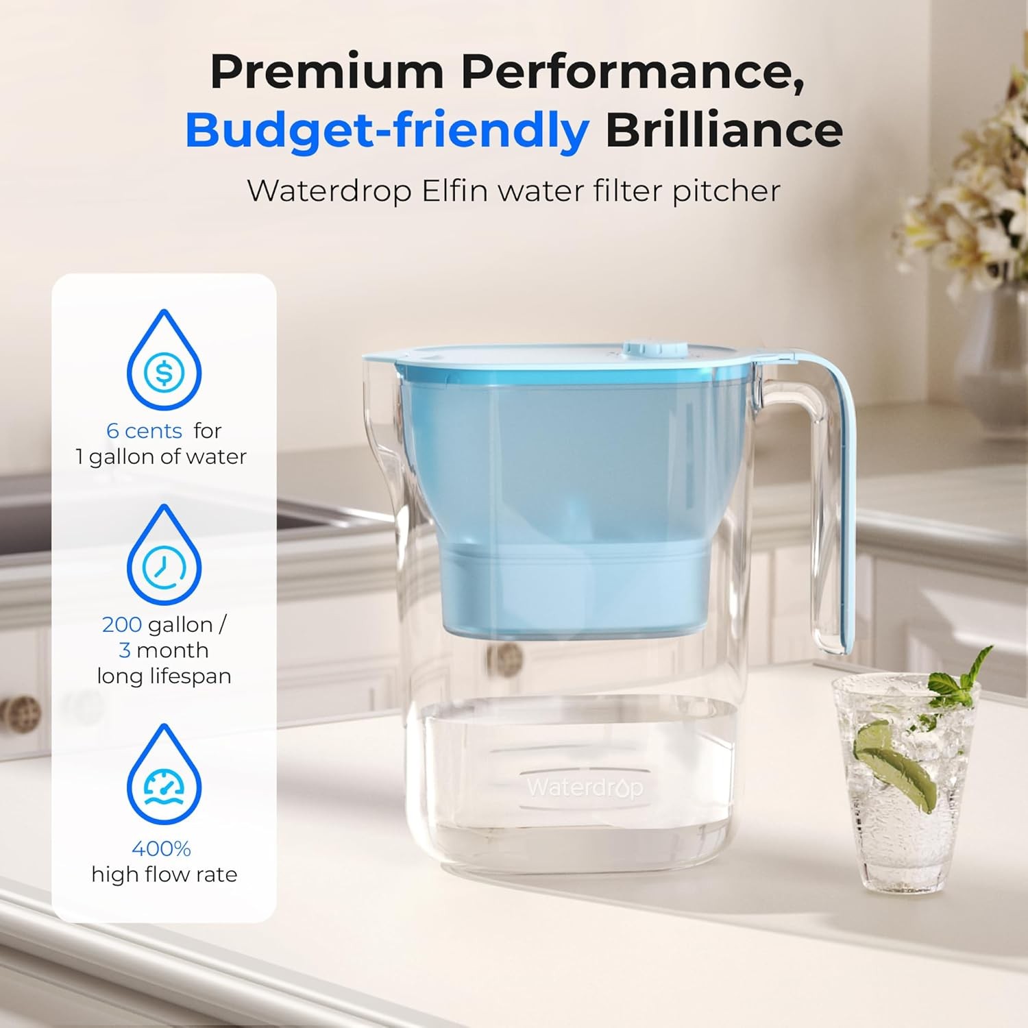 PT-05B-L Water Filter Pitcher, 7-Cup, NSF Certified, 200-Gallon