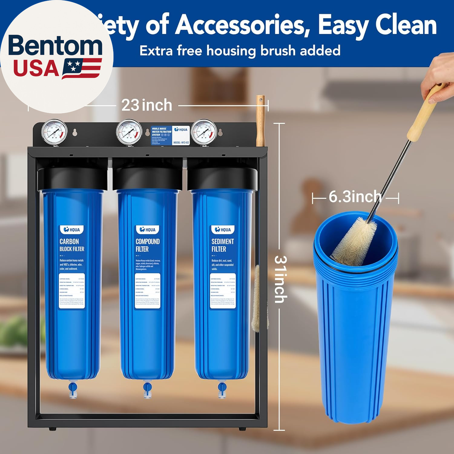 WF3-02 3-Stage Free-Standing Whole House Water Filtration System, Reduces Heavy
