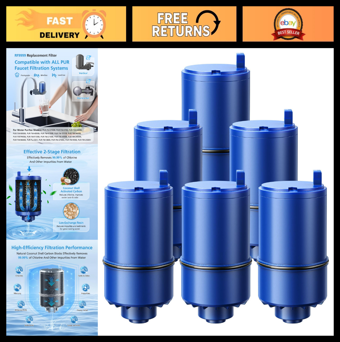 6 Pack Faucet Mount Replacement Filter for PUR Filtration Systems, 3-in-1 Lead R
