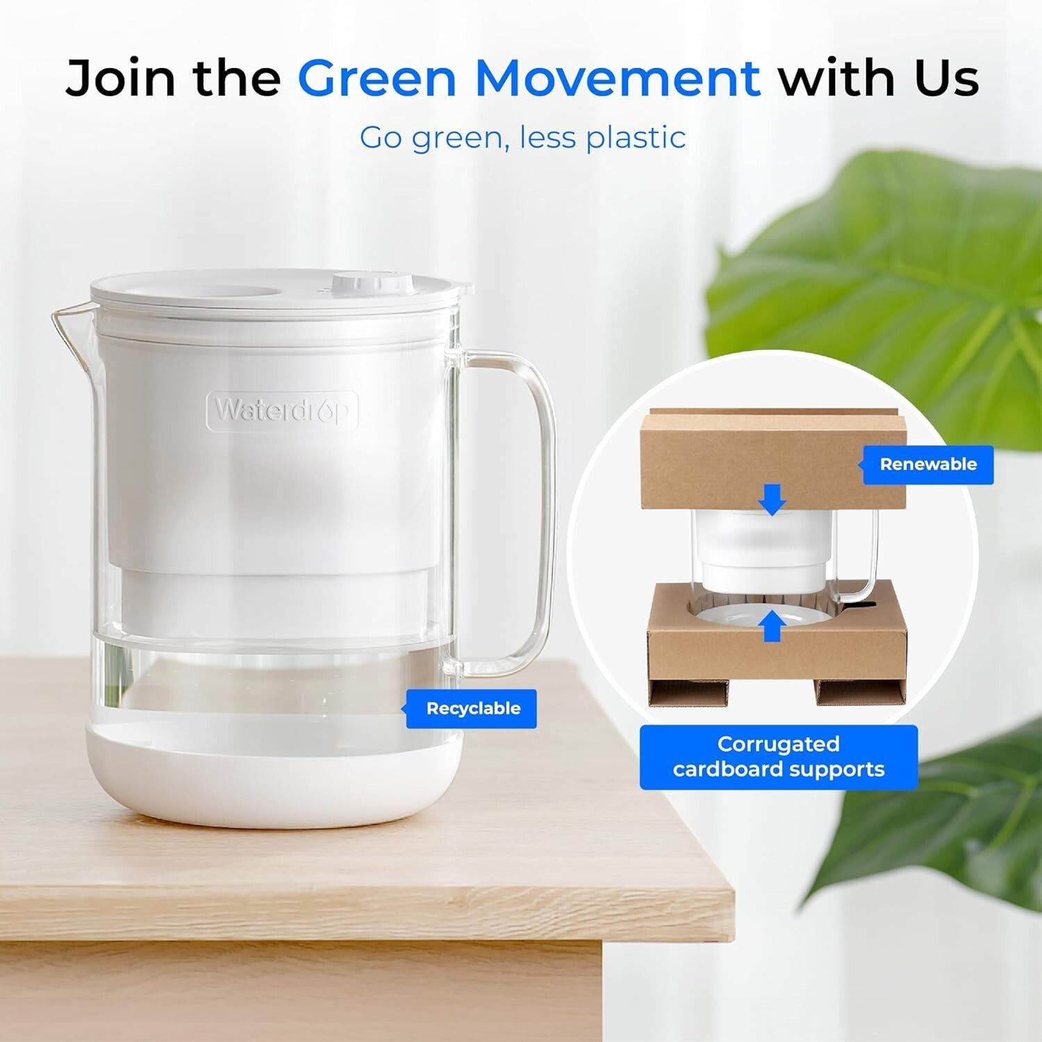 Waterdrop Glass Water Filter Pitcher with 1 Filter, Eco-Friendly