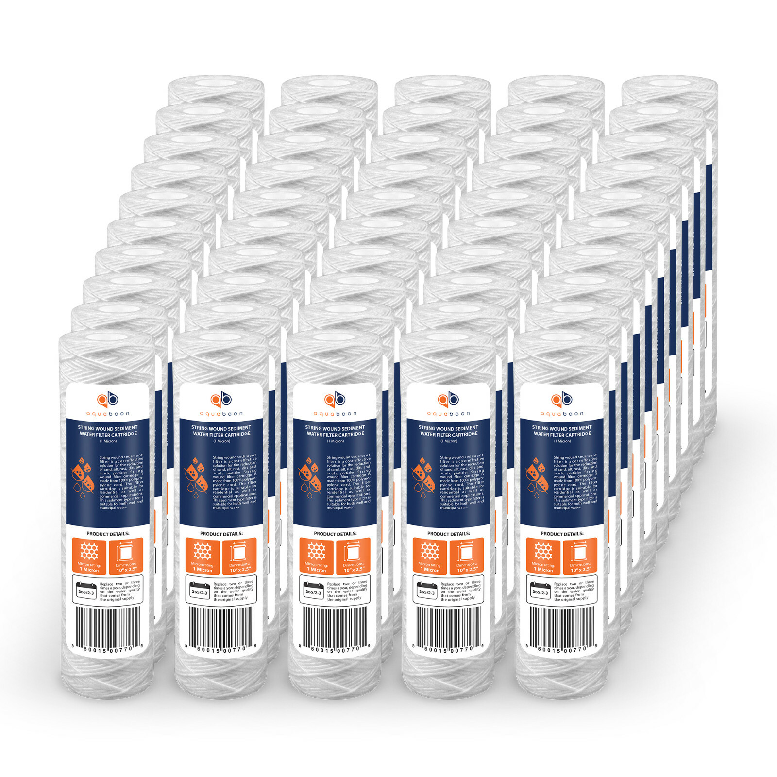 50-Pack of 1 Mic Wound String Sediment Water Filter Cartridges 10″x2,5″ for RO
