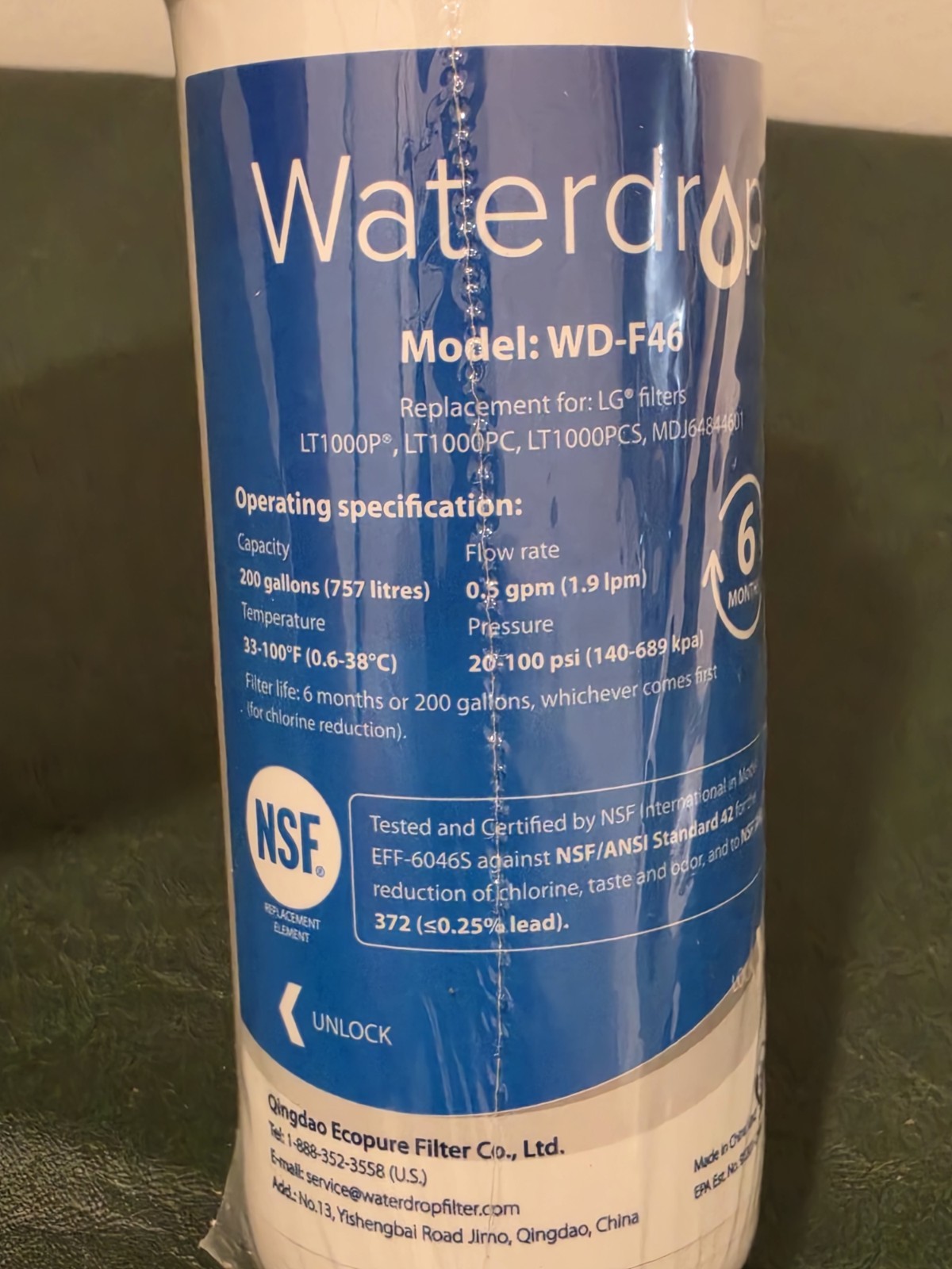 Waterdrop WD-F46 Refrigerator Water Filter for LG LT1000P, LT1000PC, ADQ747935
