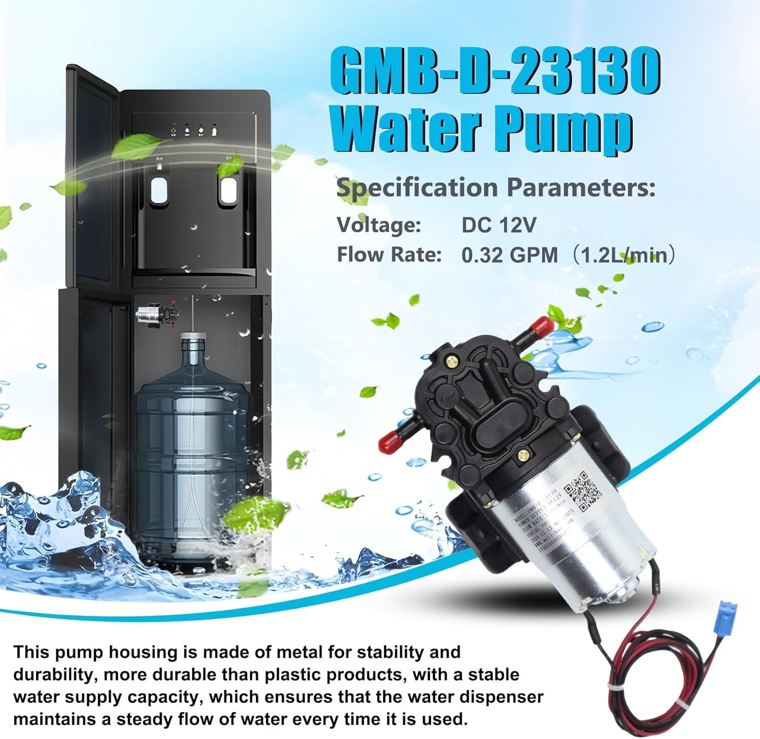 GMB-D-23130 Water Pump, DC 12V, 0.32 GPM, Compatible Primo Black