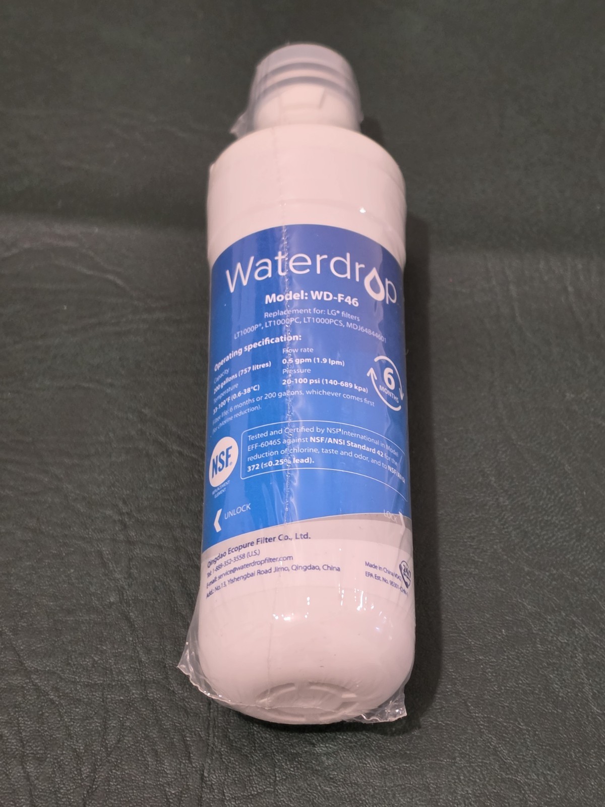 Waterdrop WD-F46 Refrigerator Water Filter for LG LT1000P, LT1000PC, ADQ747935