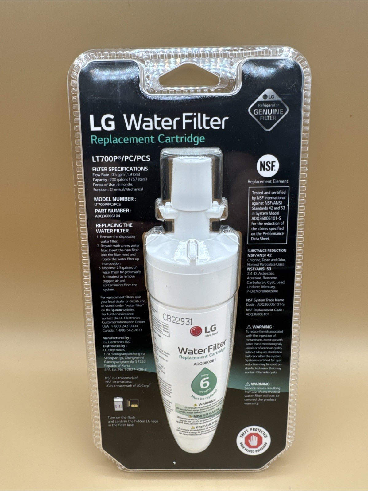 NEW Genuine LG LT700P/PC/PCS Refrigerator Replacement Water Filter ADQ36006104