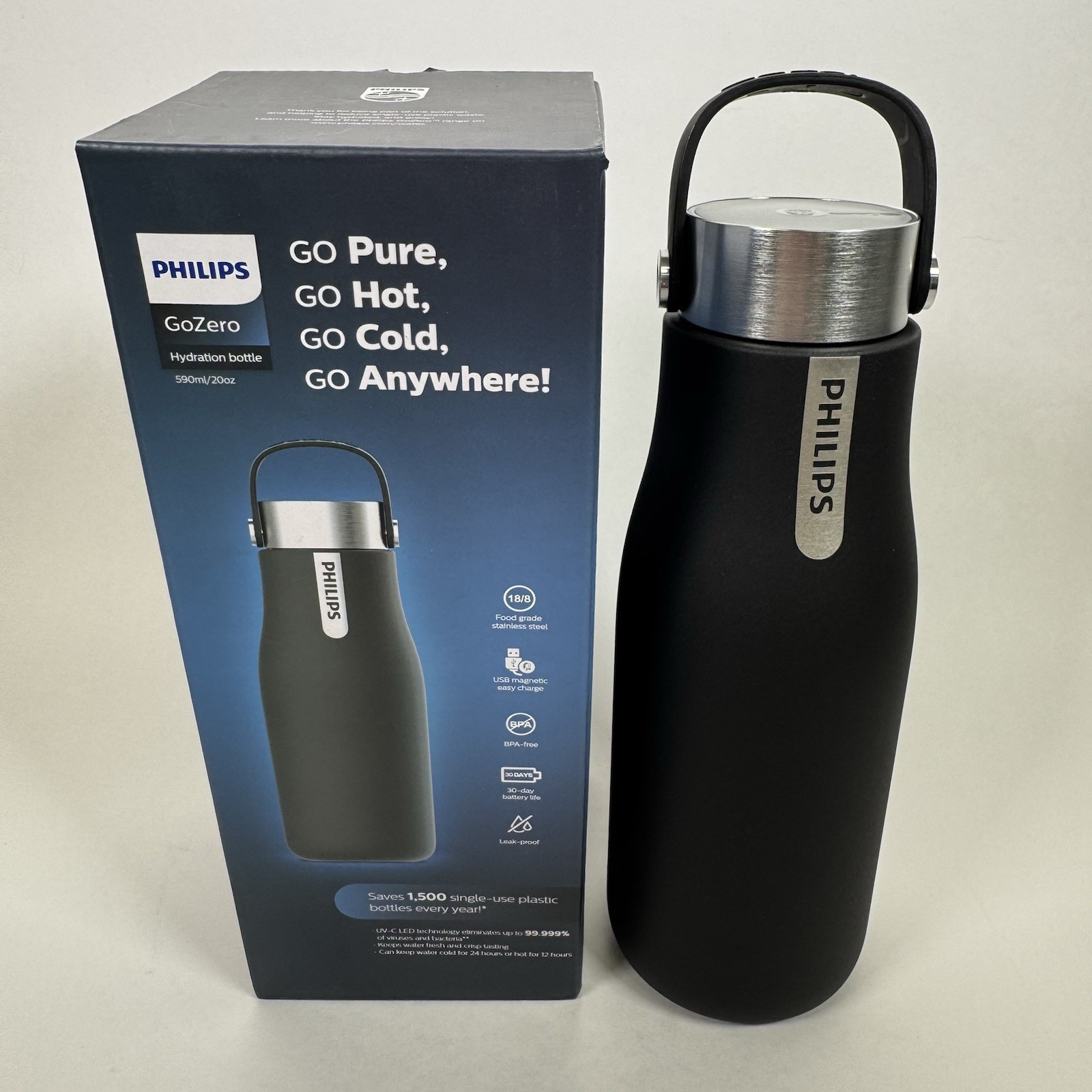 Philips Water GoZero UV Self-Cleaning Smart Water Bottle Vacuum Stainless Steel