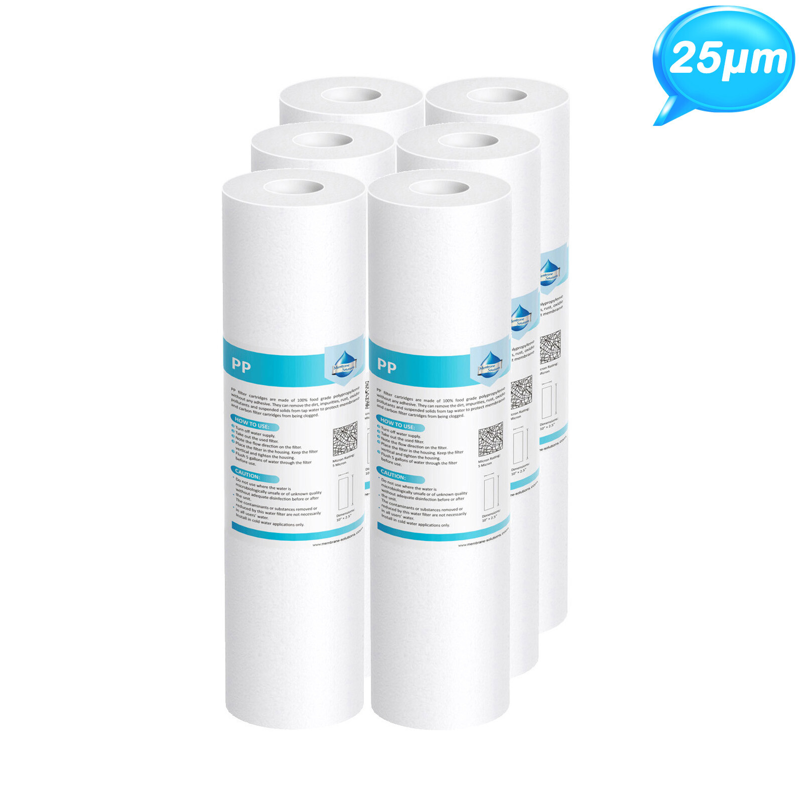 6 Pack 25 Micron 10″x2.5″ Sediment Water Filter Melt-Blown Cartridge Whole House