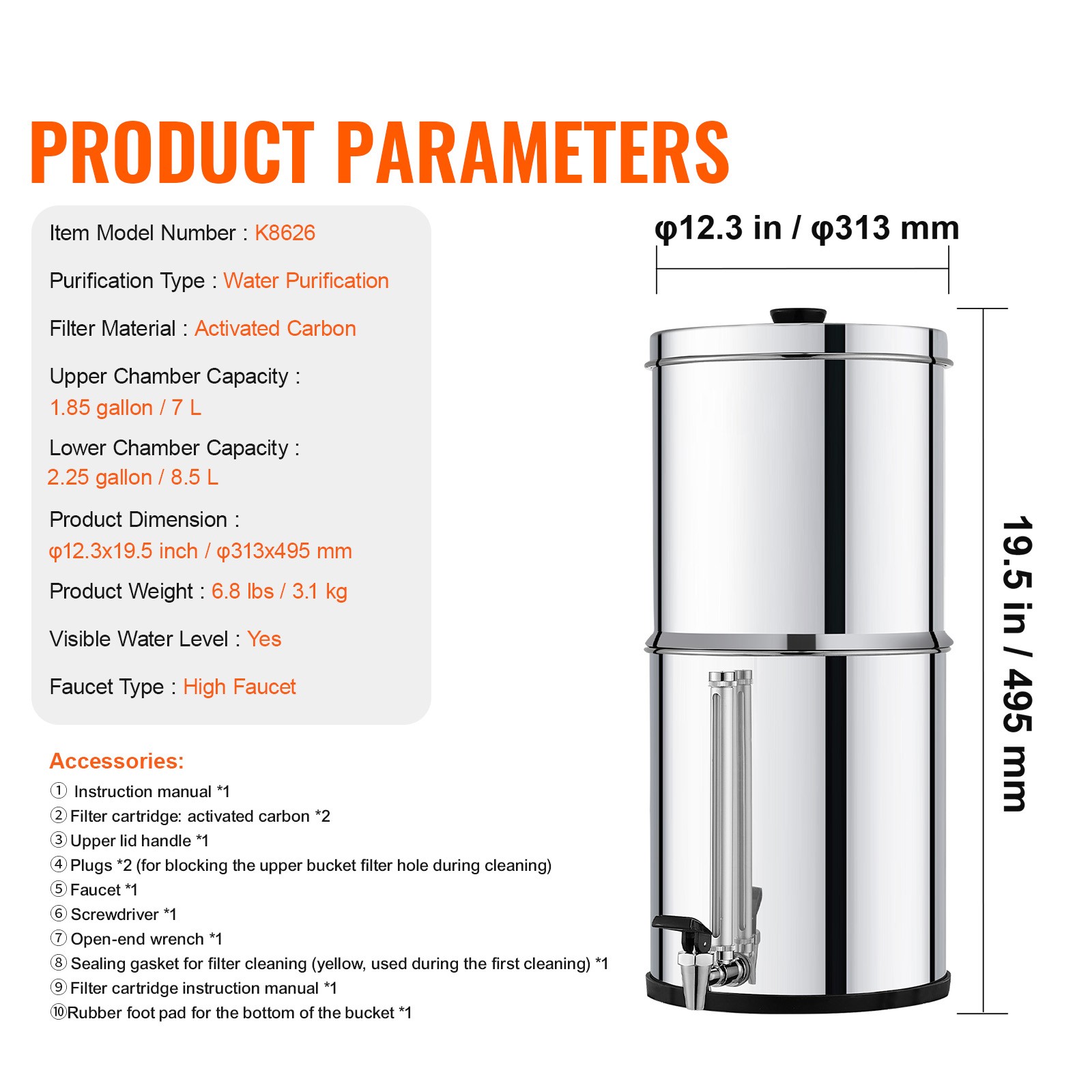 Uimoso2.25G Gravity-fed Water Filter Countertop System Stainless Steel 2 Filters