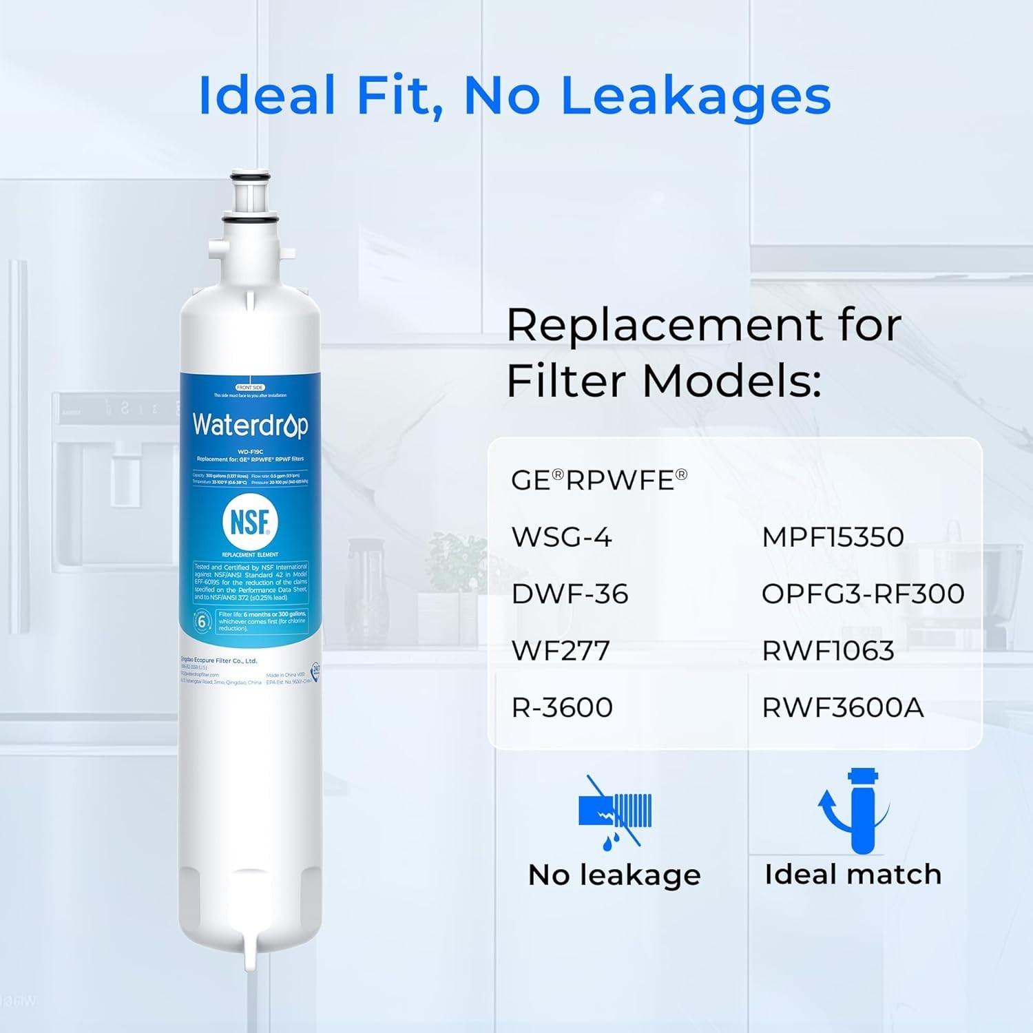 Waterdrop Refrigerator Water Filter, Replacement for GE® RPWFE (With Chip), 6