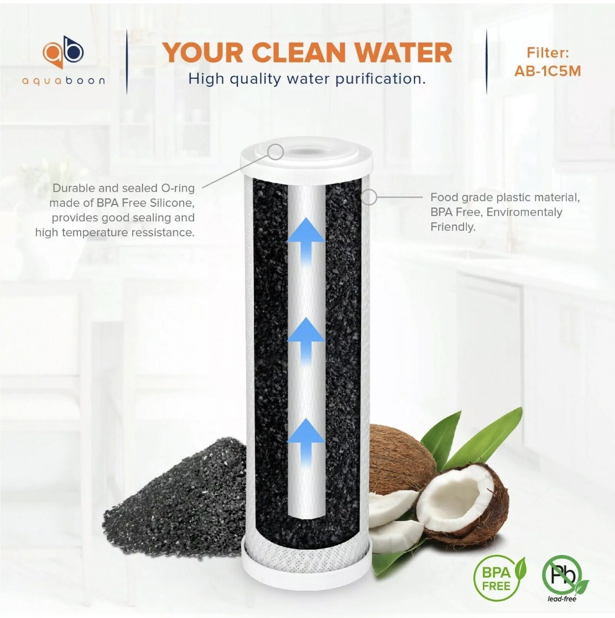 Aquaboon Reverse Osmosis 5 Micron 9.75 x 2.5 Inch. Carbon Block Filter Cartridge