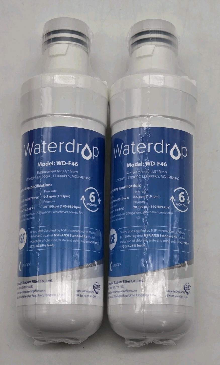 Waterdrop Model WD-F46 Refrigerator Water Filter Replacement New Sealed Lot Of 2