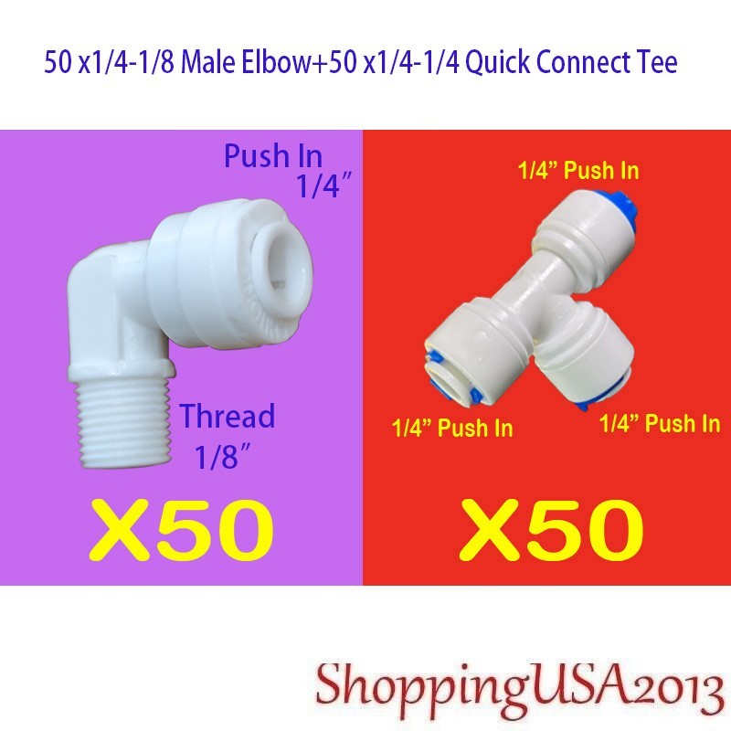50PCS 1/4-1/8 Male Elbow Thread +50 Quick Connect Tee 1/4-1/4 Water Filter