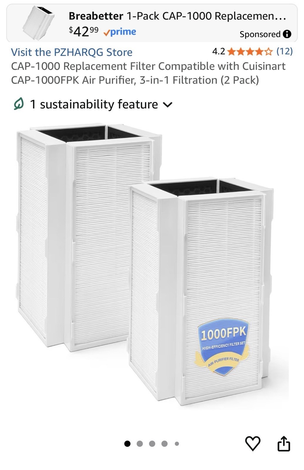 Cuisinart CAP-1000 Replacement Filter 2-Pack for 3-in-1 Air Purifier