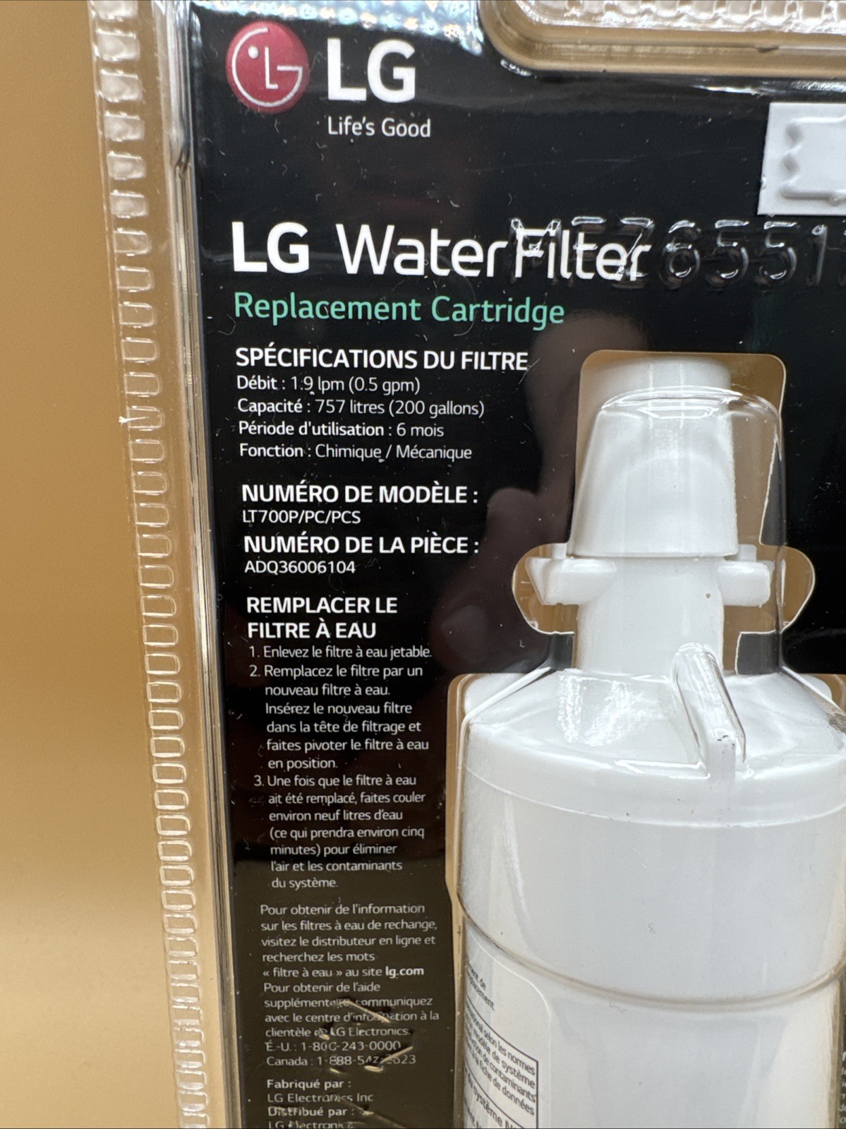 NEW Genuine LG LT700P/PC/PCS Refrigerator Replacement Water Filter ADQ36006104