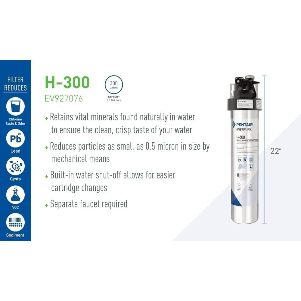 Pentair Everpure H-300 Filter Cartridge, EV927072, NSF Lead Reduction, 300 Gal,