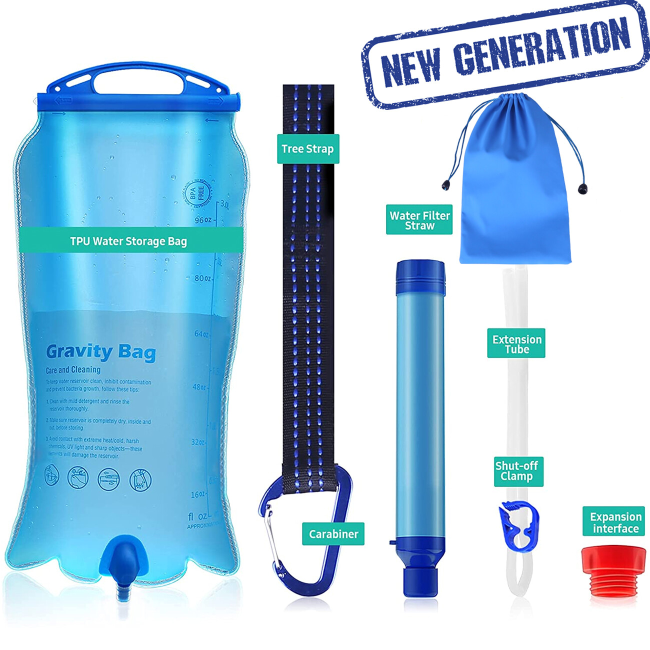Gravity-Fed Water Filter Straw 3L Bag,Versatile Hiker Water Purifier Tree Strap