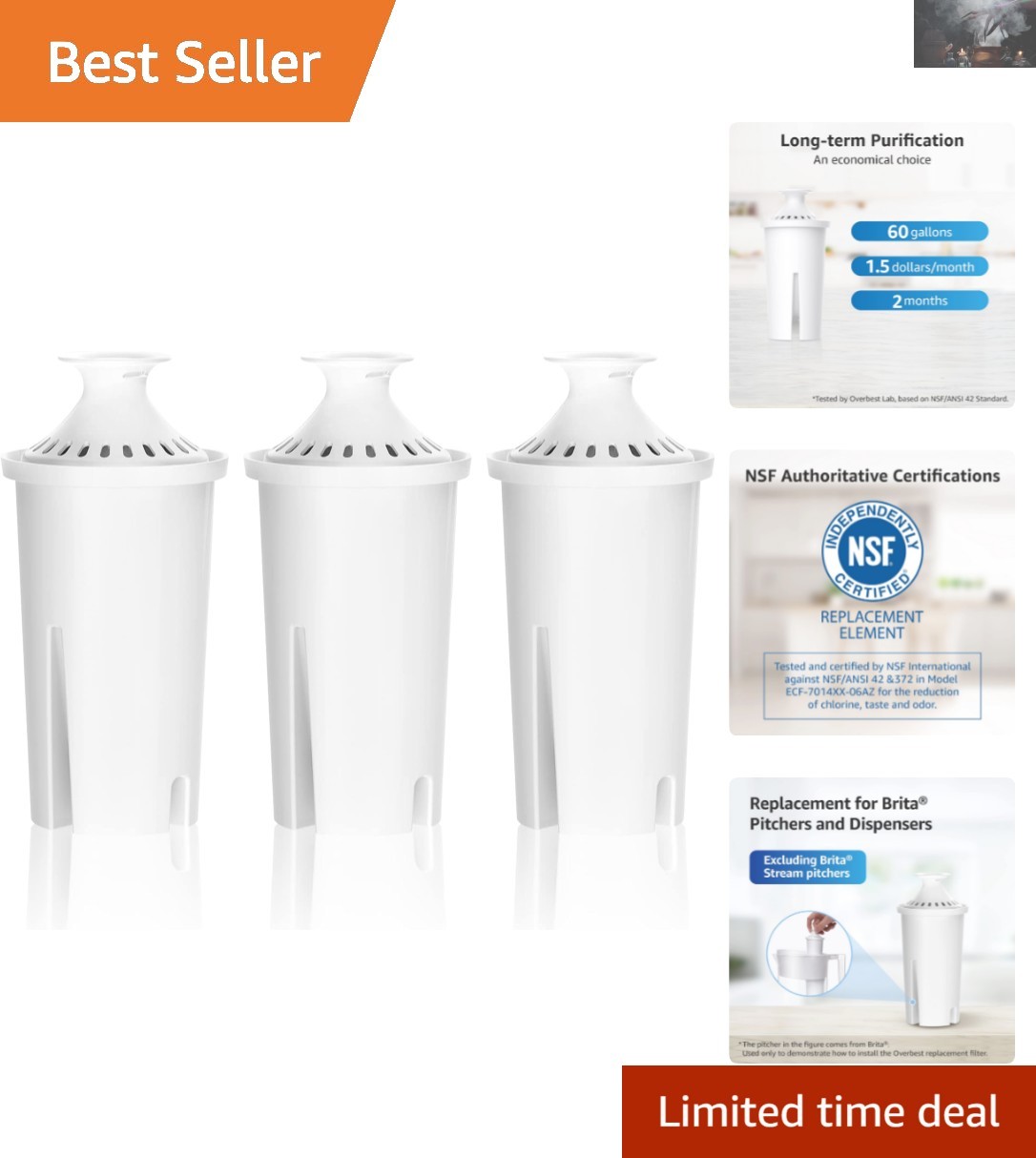 Efficient 3 Count Water Filter Replacement for Brita – 93.9% Chlorine Reduction