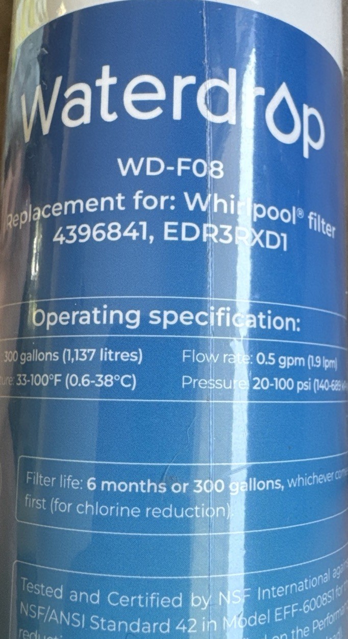 New Waterdrop WD-F08 Refrigerator Water Filter Replacement For Whirlpool