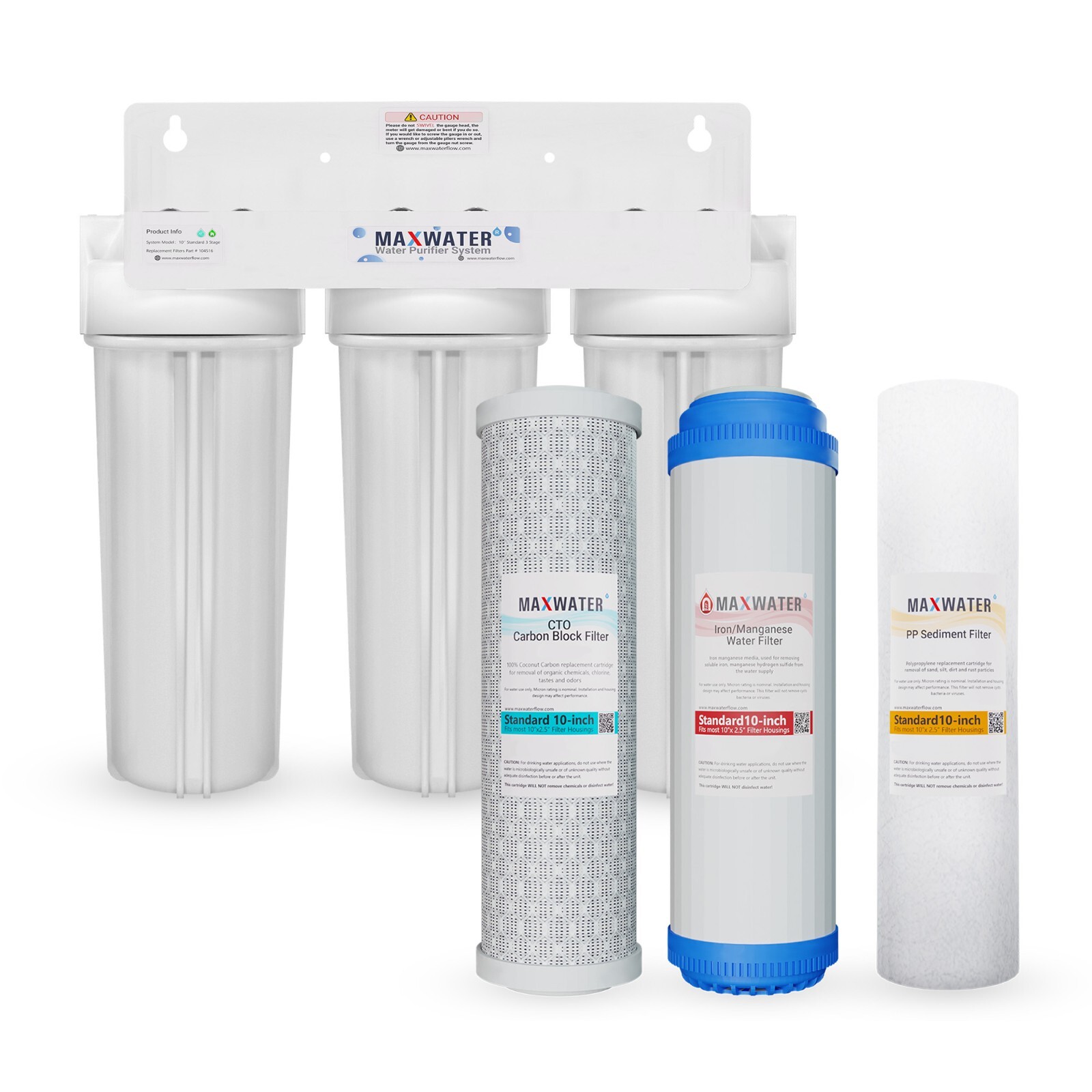 Max Water 3 Stages 10″x 2.5″ 3/4″ Port Whole House Iron Manganese Water Filter