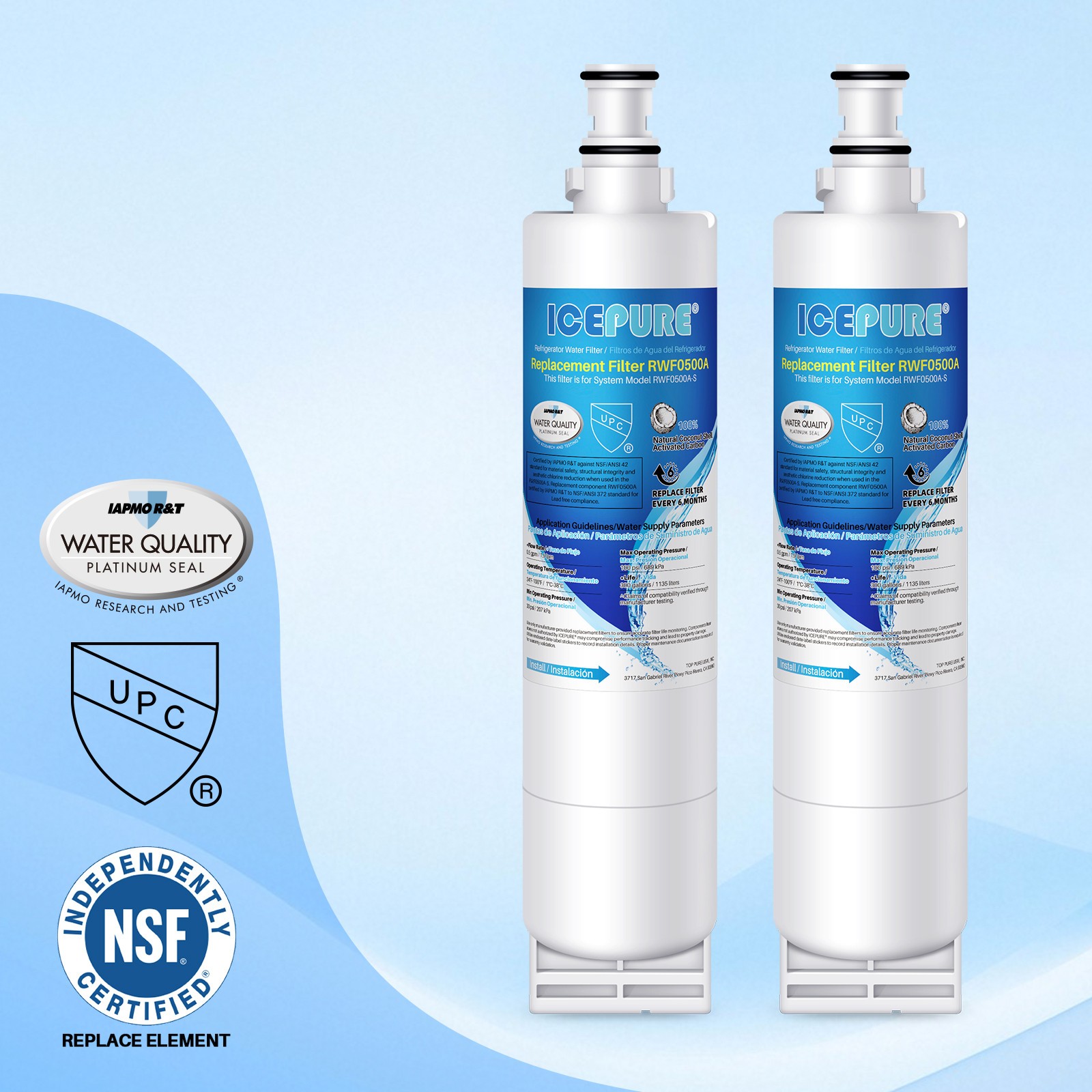 ICEPURE RWF0500A Refrigerator Water Filter Fit For 4396508 4396510 NL240V 2PACK