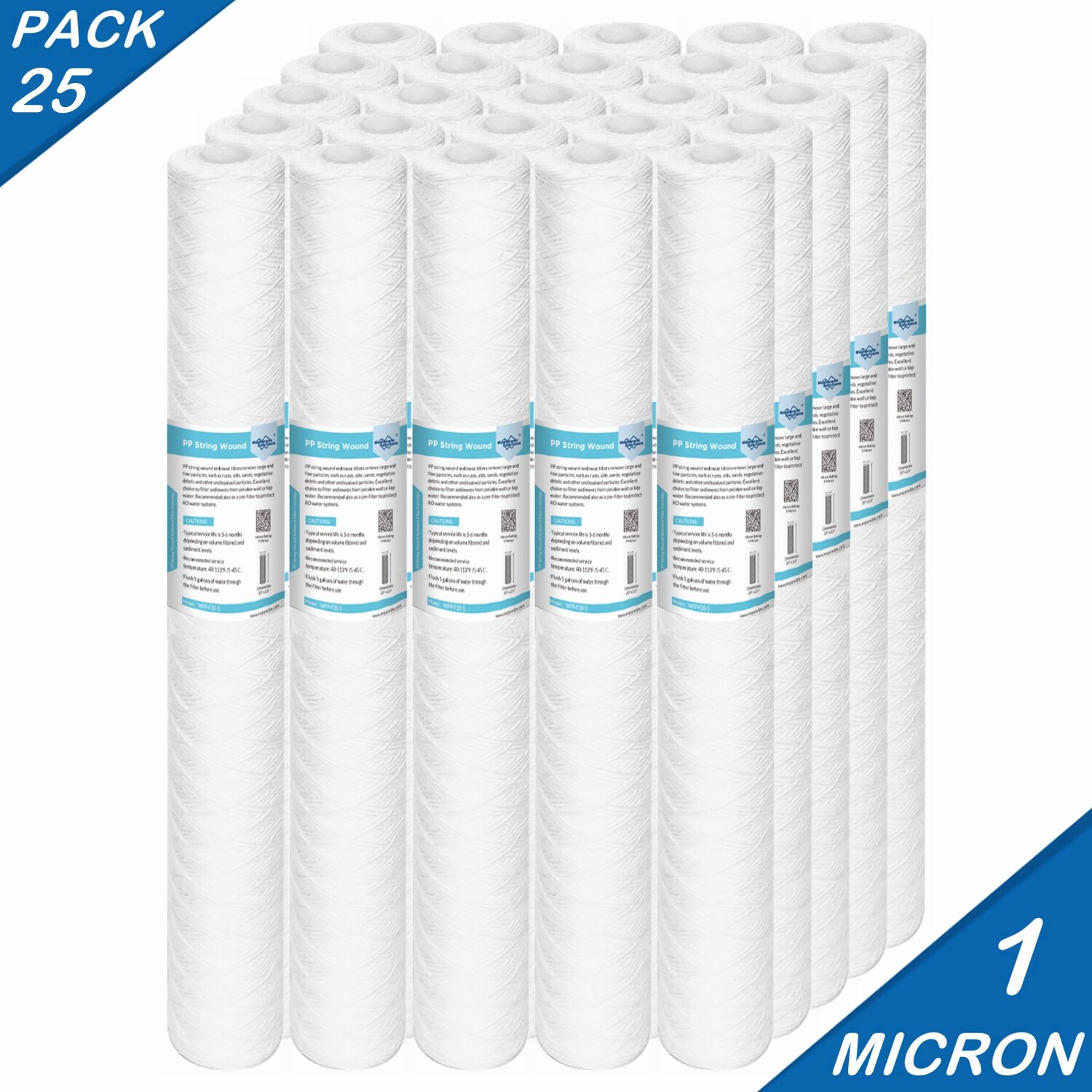 25 Pack 20″x2.5″ String Wound Whole House Water Sediment Filter 1/5/10/20 Micron