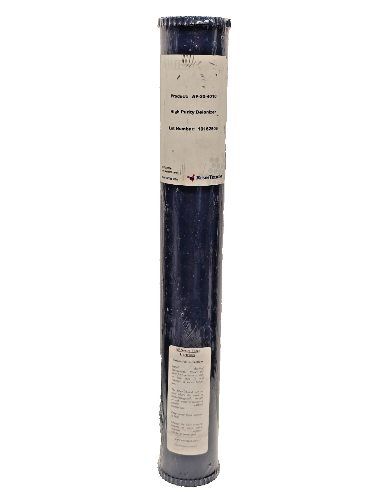 RESINTECH AF-20-4010 DI High Purity Deionizer Cartridge, 2.5 x 20 in. BLUE, NEW