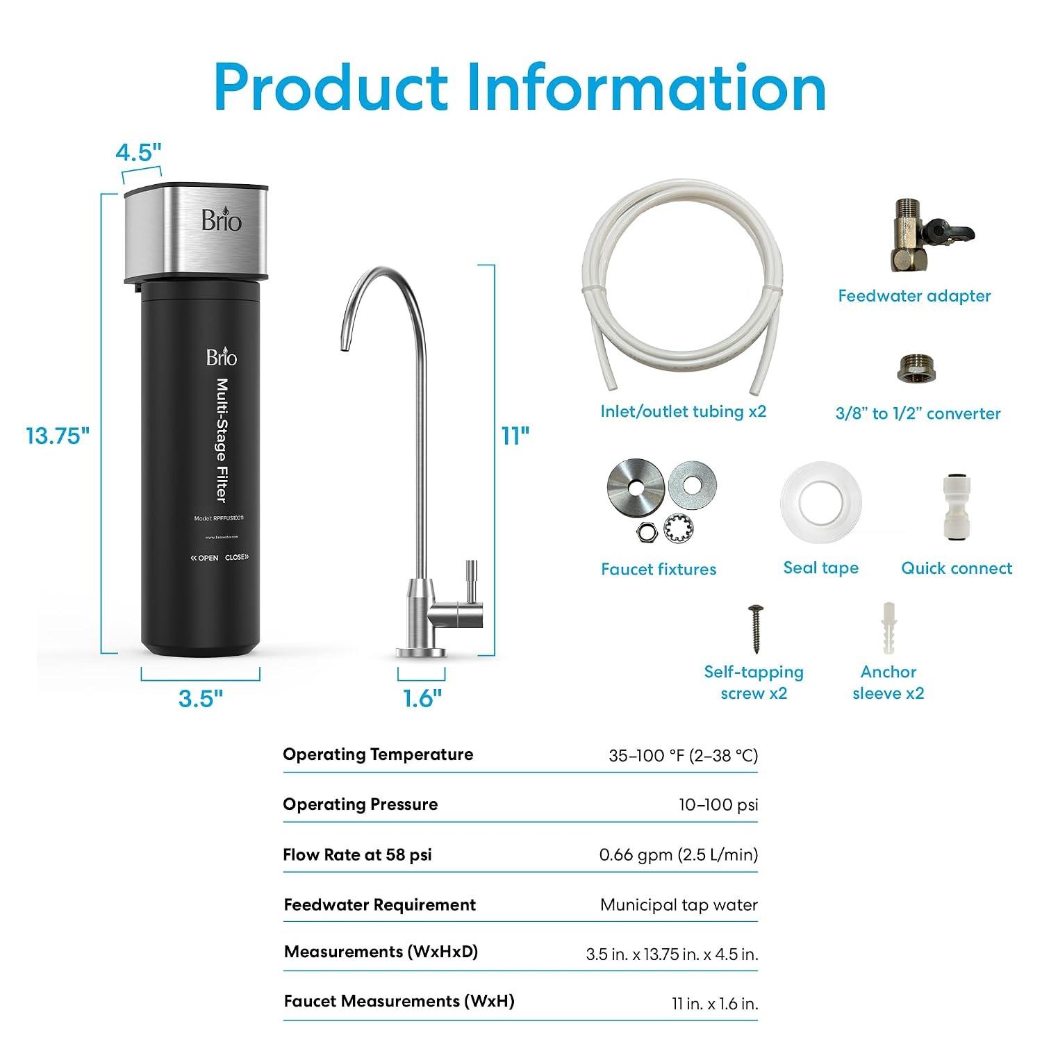 Brio Under Sink Drinking Water Filter 3-Stage 0.5 Micron w/ Faucet System