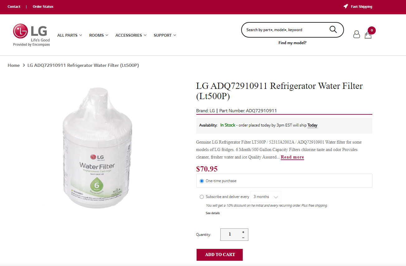 LG ADQ72910911 LT500P/PC/PCS Genuine Refrigerator Water Filter Gen11042F-08