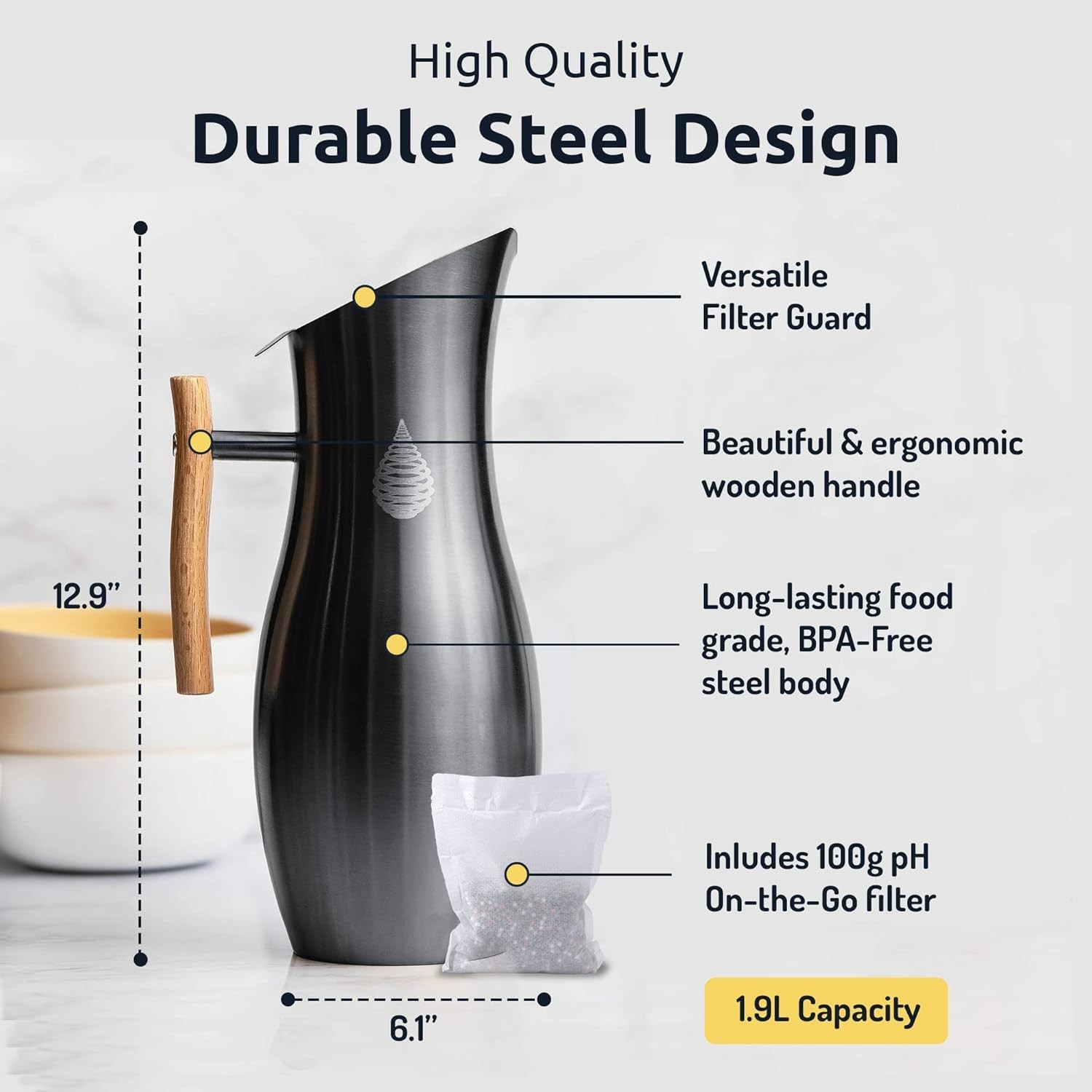 Stainless Steel Water Filter Pitcher 8-Cup Long-Life 105 Gal BPA-Free