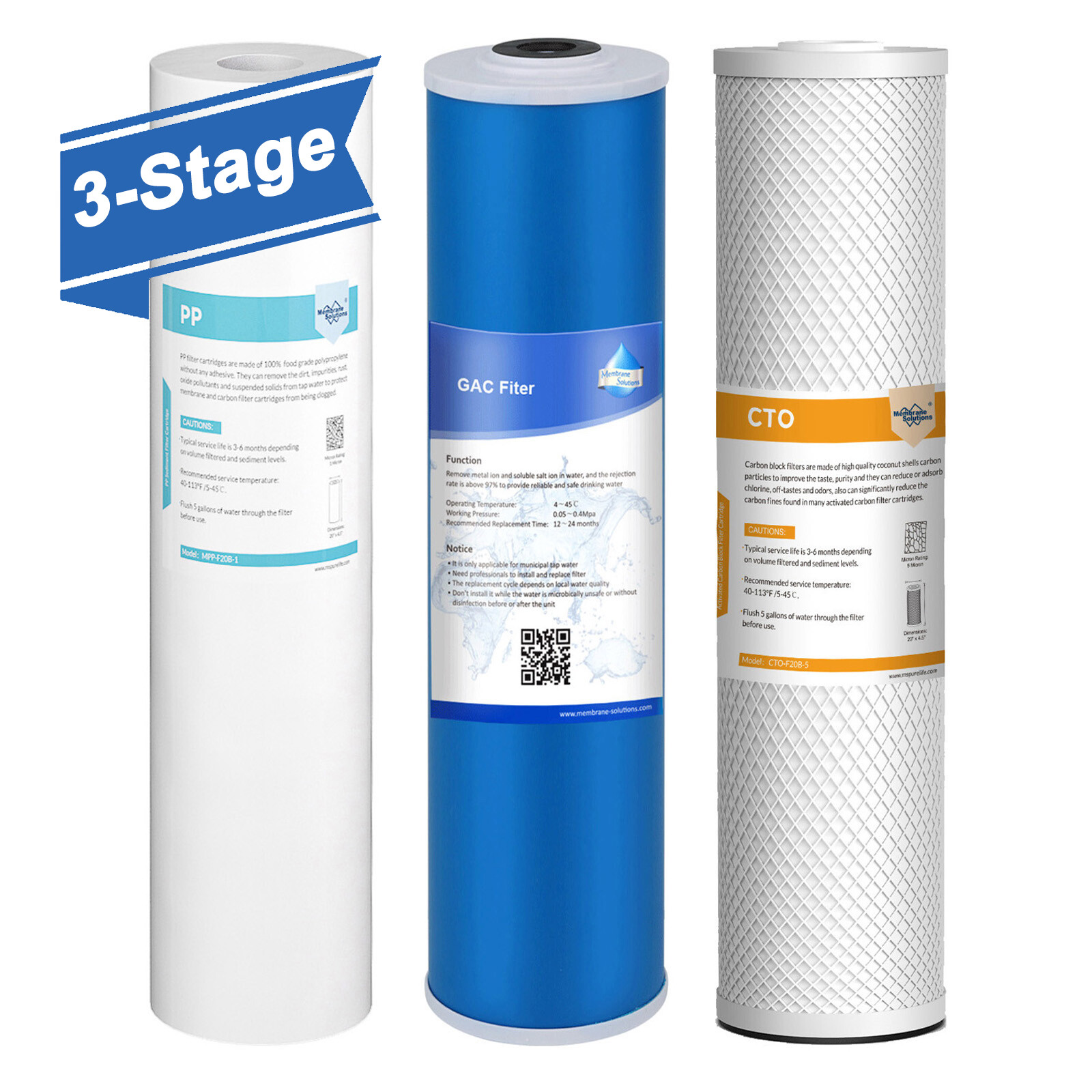 3-Stage 5 Micron 20×4.5″ Big Blue Sediment GAC CTO Carbon Block Water Filter Set
