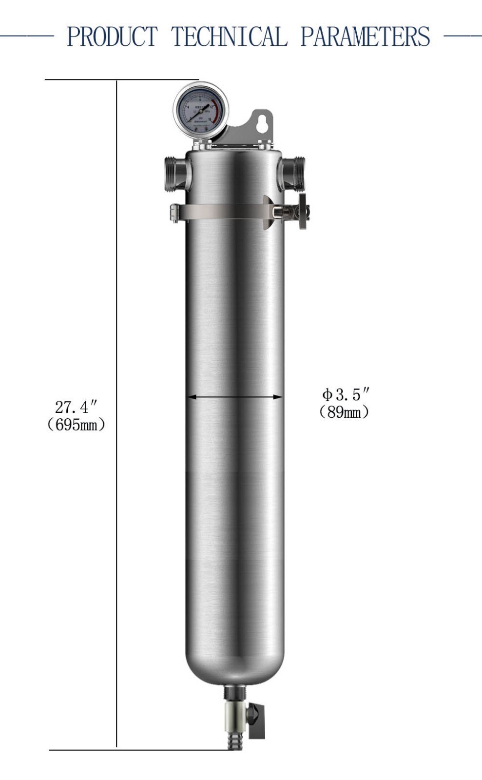 1 Inlet 20in 304 Stainless Steel Front Filter w/ 40μm Filter Screen 15000L/h