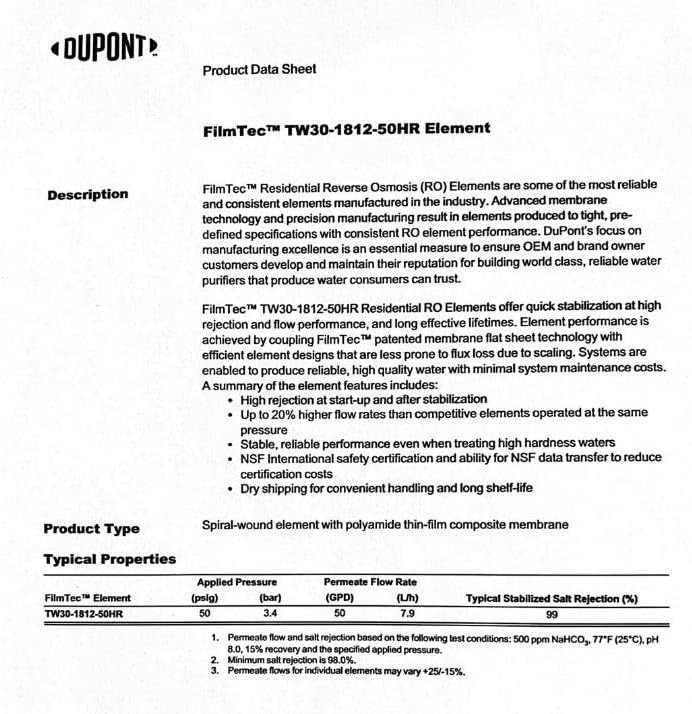 NSF Certified TW30-1812-50HR: Purifies 50 Gallons Daily with 98% Salt Rejection