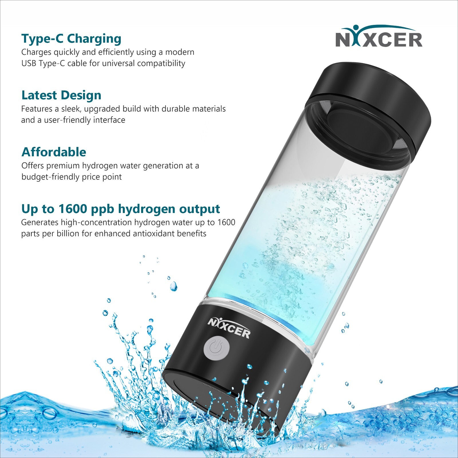 NIXCER HYDROGEN 3 MIN SPE PEM TECH 2025 MODEL 420ML HYDRO WATER BOTTLE BLACK
