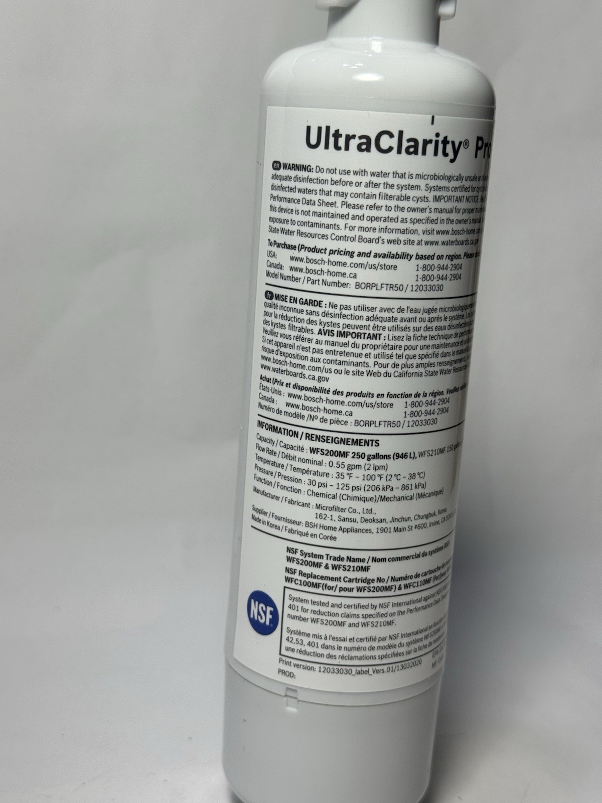1 PACK Bosch Ultra Clarity Pro BORPLFTR50 Water Filter Blue #WFS200MF/WFS210MF