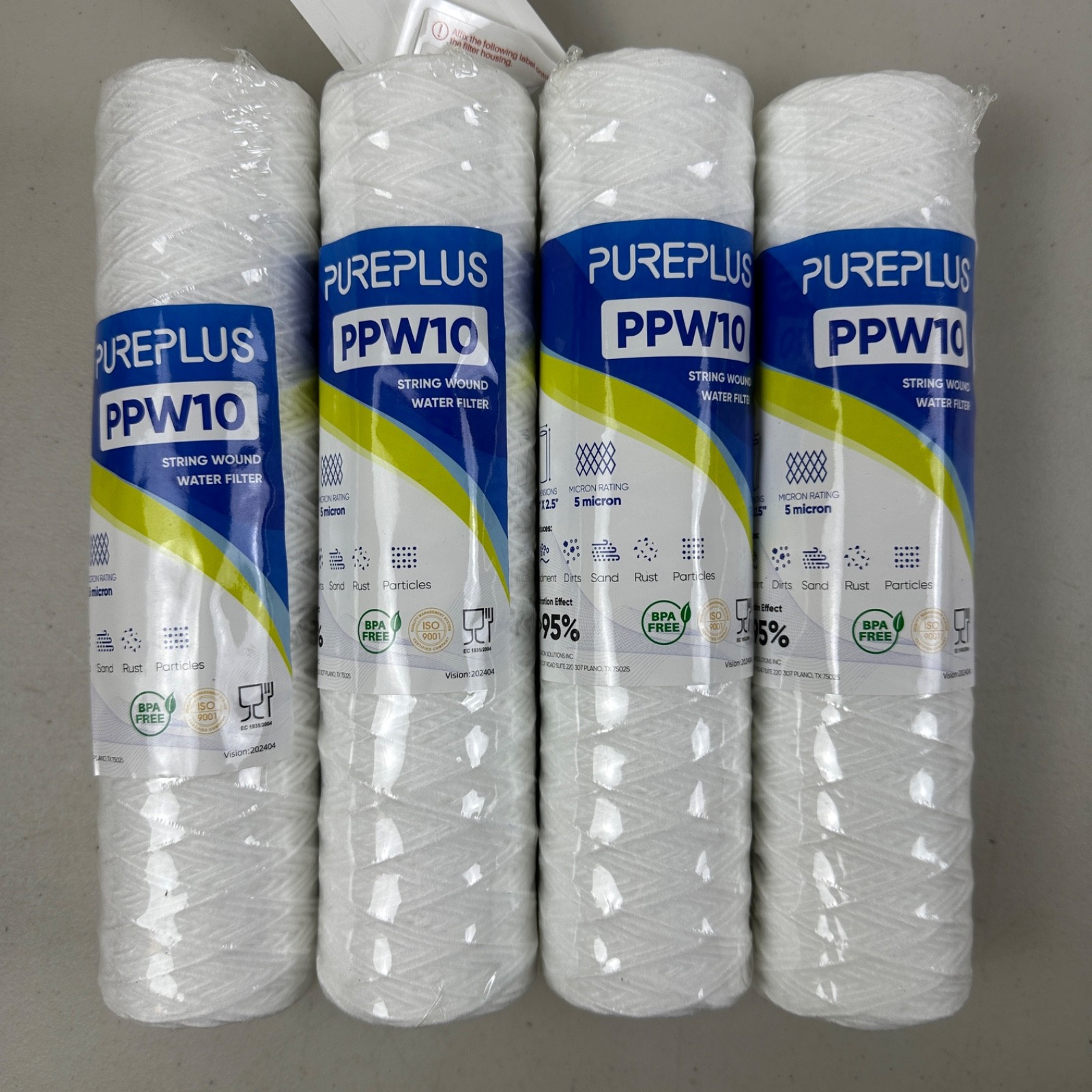 4 PACK PUREPLUS 5 Micron 10″x2.5″ Whole House String Wound Sediment Filter PPW10