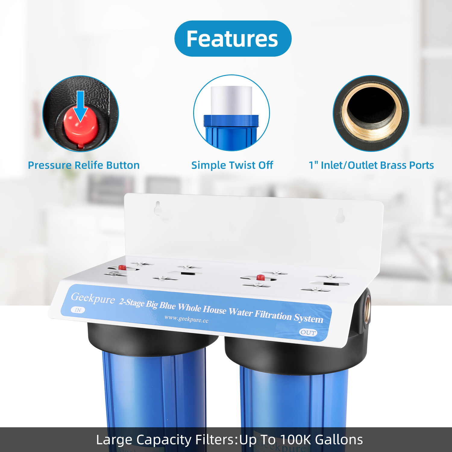 Geekpure 2 Stage Whole House Water Filter System 1″ Port 4.5″ x 20″ w/ PP Carbon