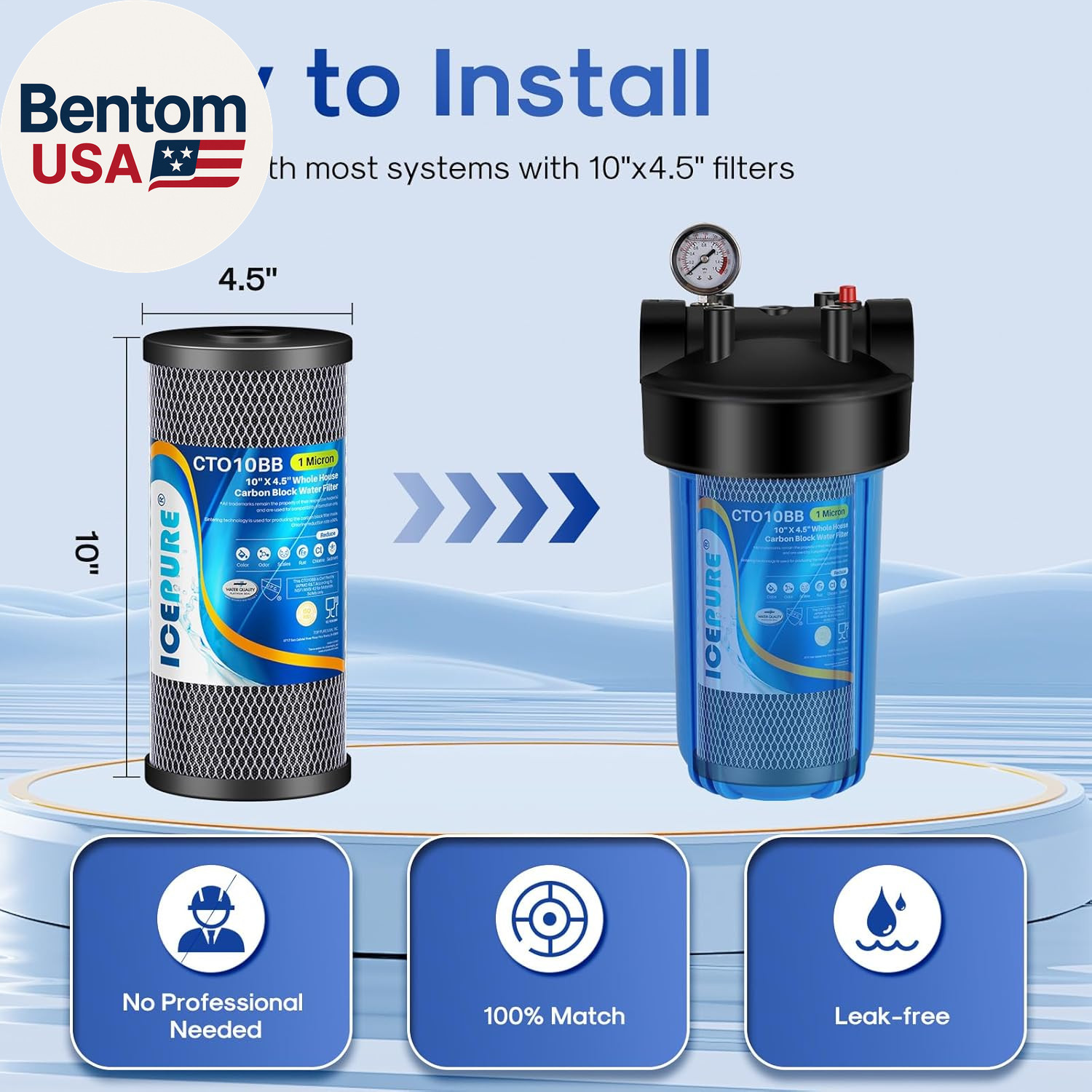 10″X4.5″,1 Microns Whole House Sediment Activated Carbon Water Filter Compatible