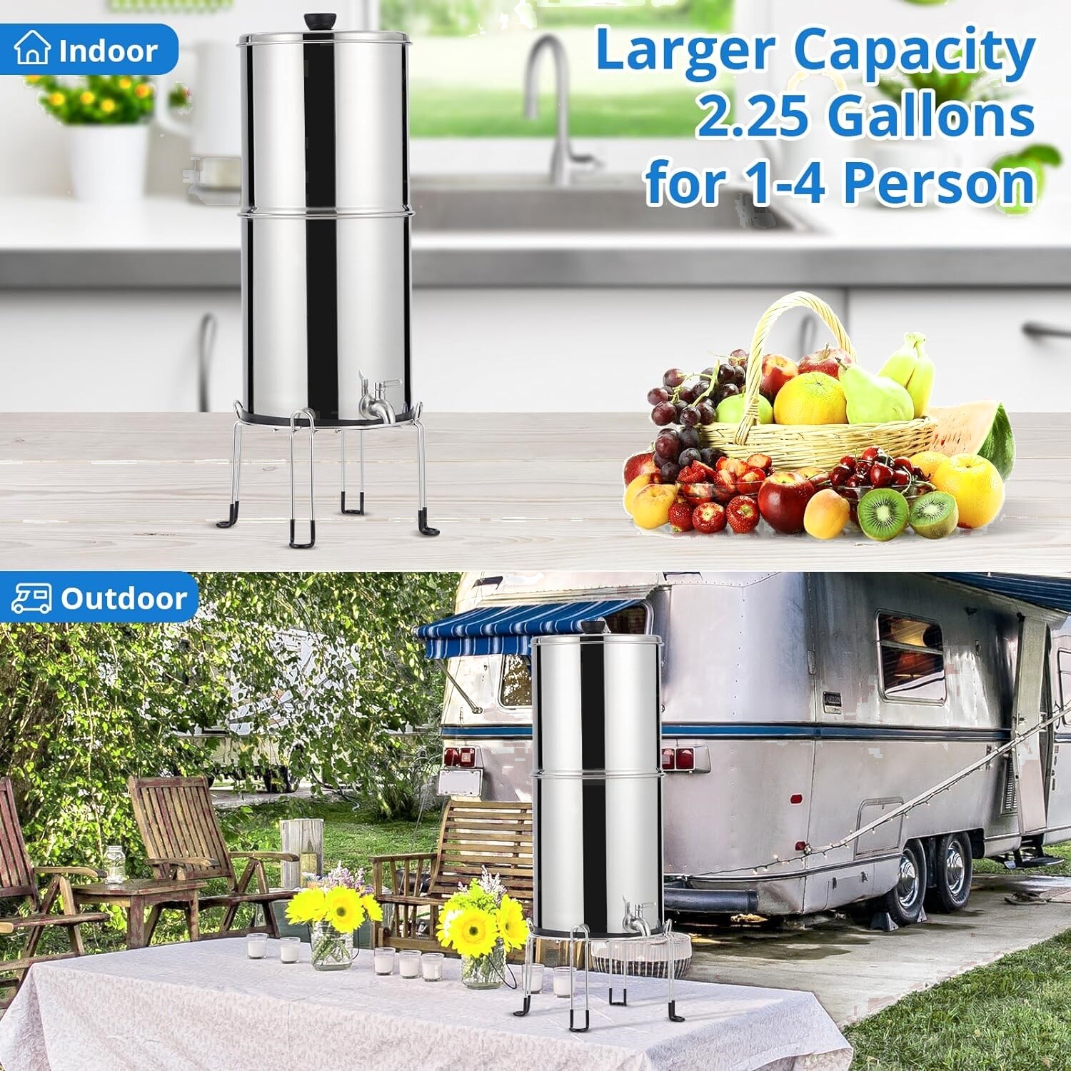 2.25G Gravity-fed Water Filter System Stainless Steel Countertop w/ Carbon Filte