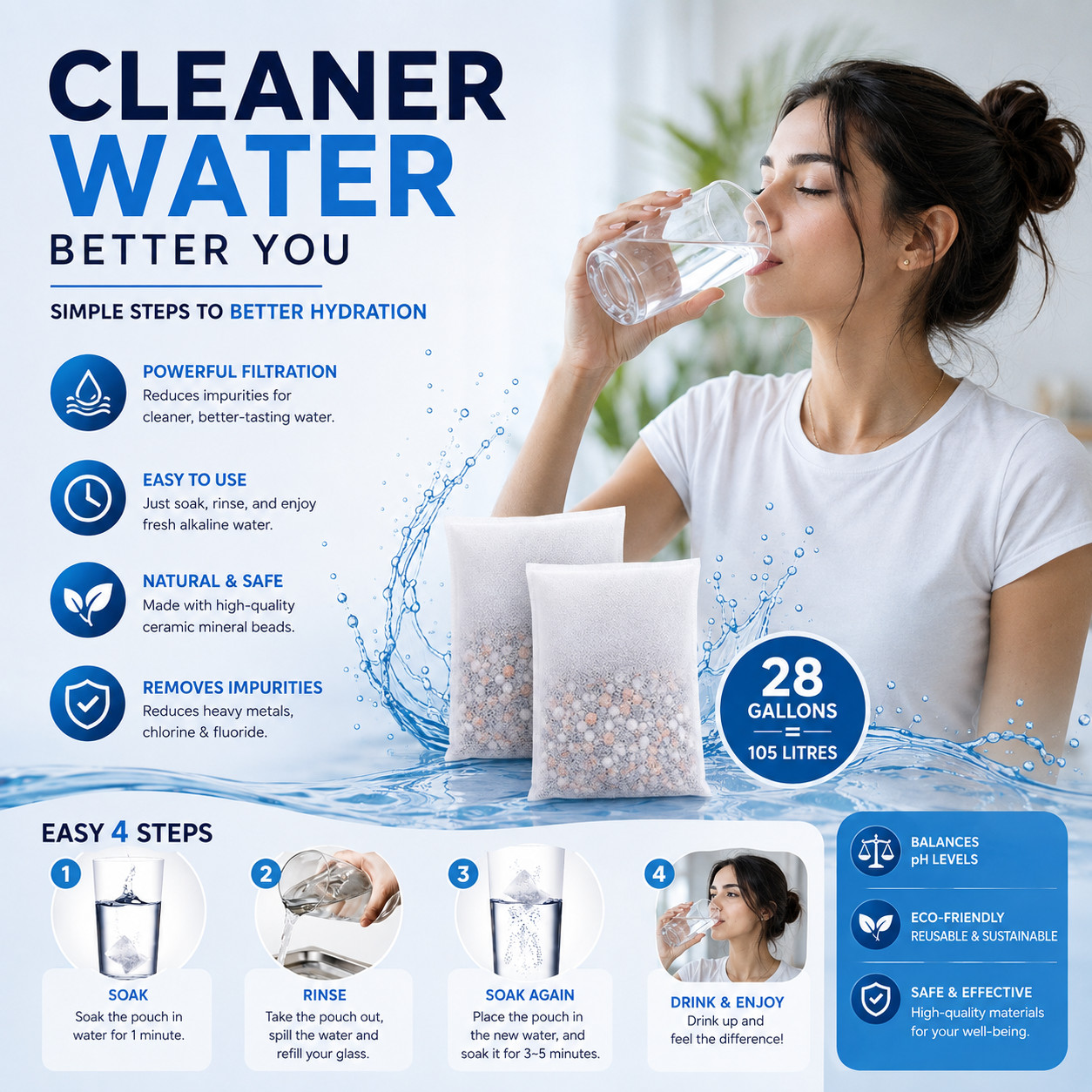 Alkaline Water Filter Pouch 3-Pack 30g – Raise pH 9+ – Portable BPA-Free