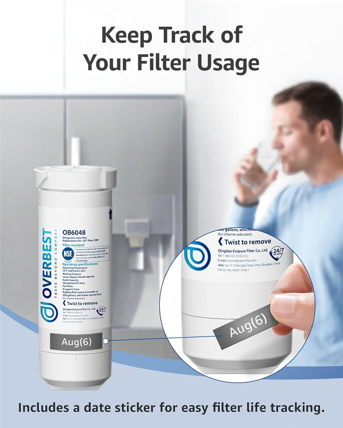 Overbest XWF (No chip) Refrigerator Water Filter, Replacement for GE®, 3-Pack