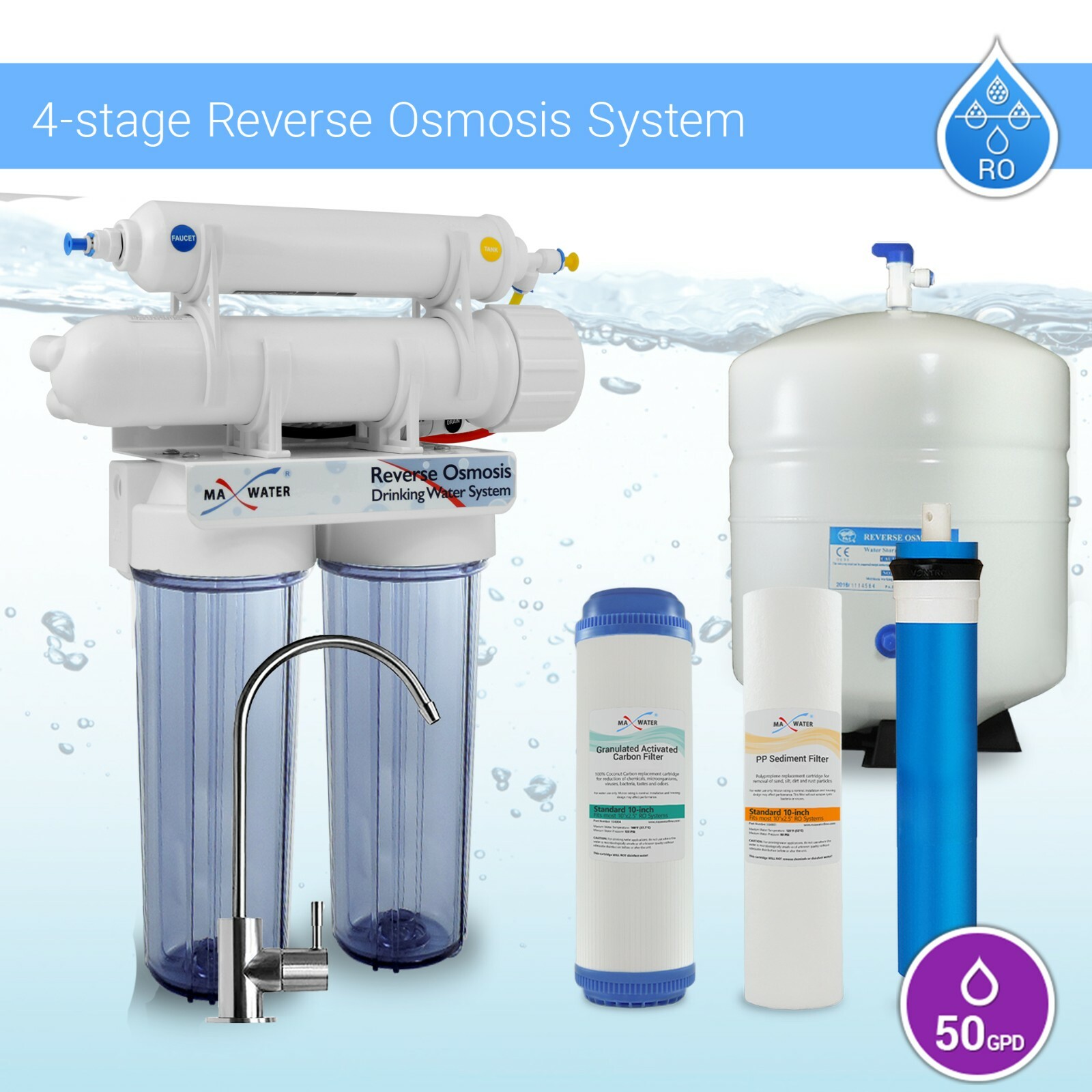 Max Water 4 Stage Home Drinking Reverse Osmosis System – RO Water Filter 50GPD