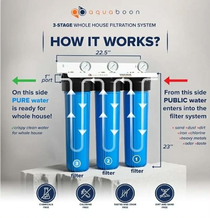 AquaBoon 3-Stage Whole House Water Filter System 20″x4.5″ Anti-Scale Carbon Filt